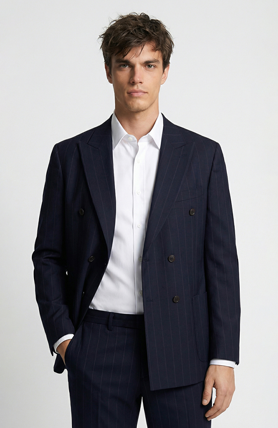 Lacivert Çizgili Yün Takım Elbise