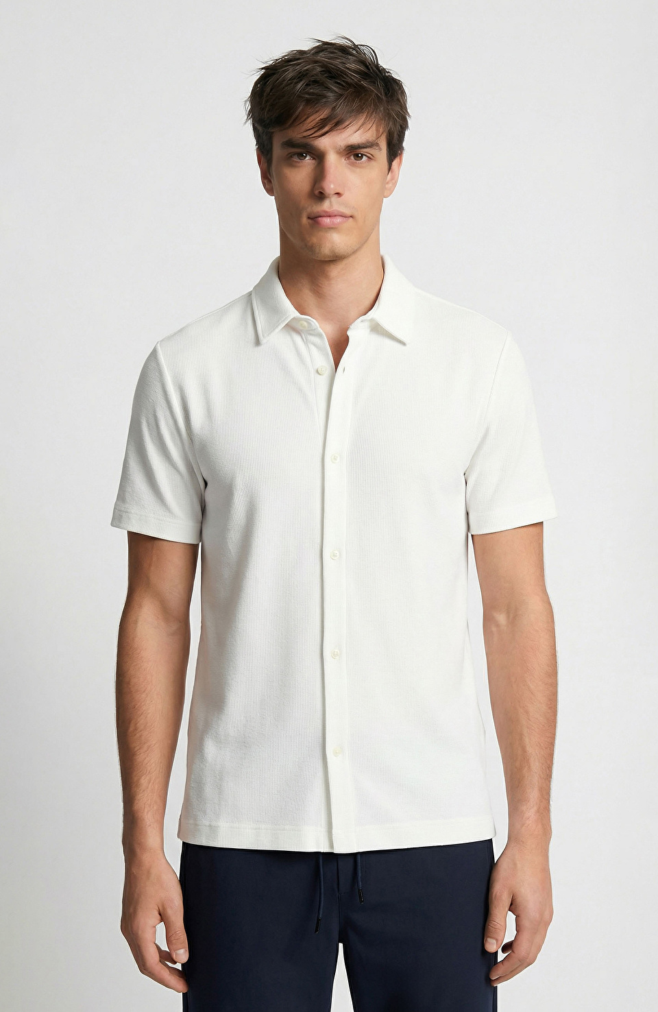 Ekru Jakarlı Kısa Kollu Gömlek