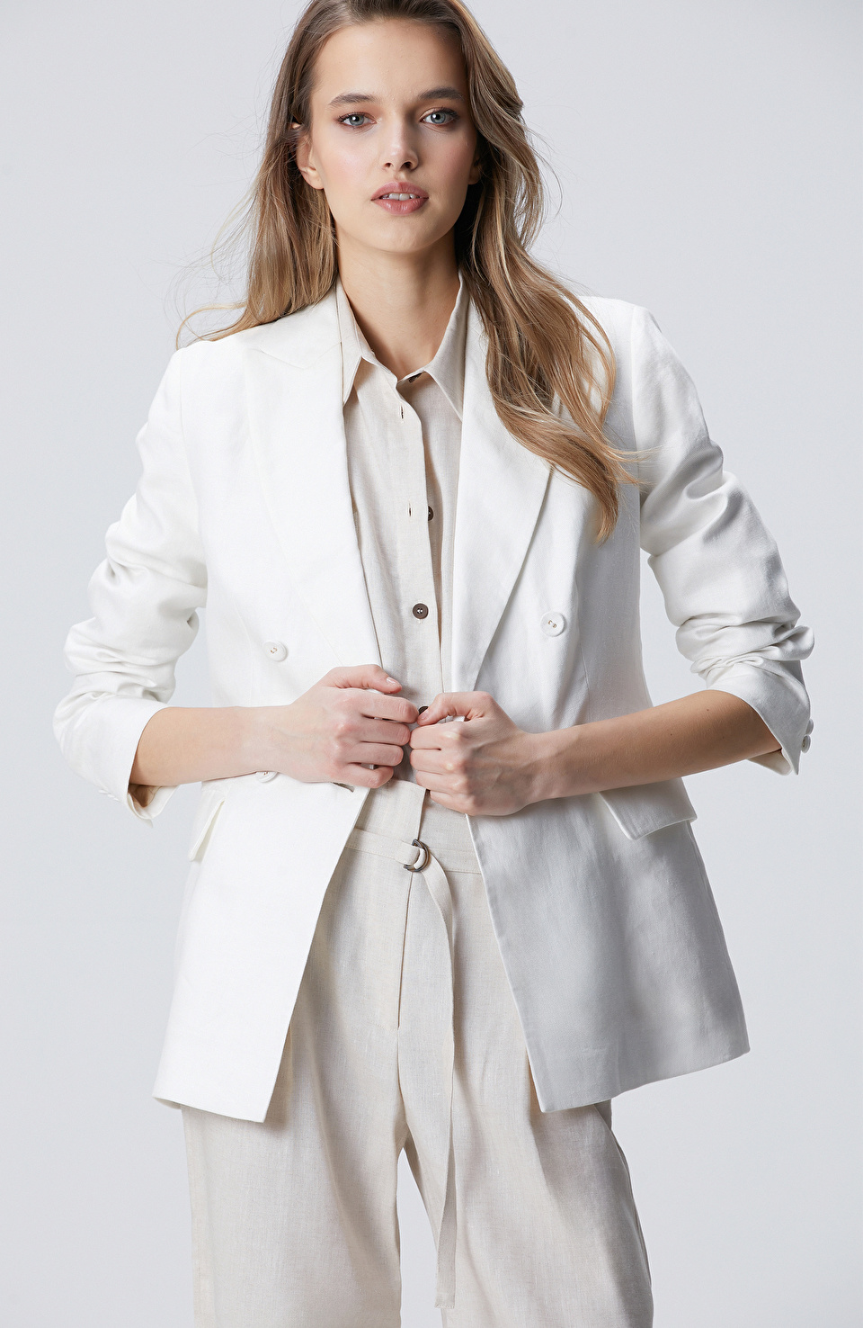 Kırık Beyaz Kruvaze Keten Ceket