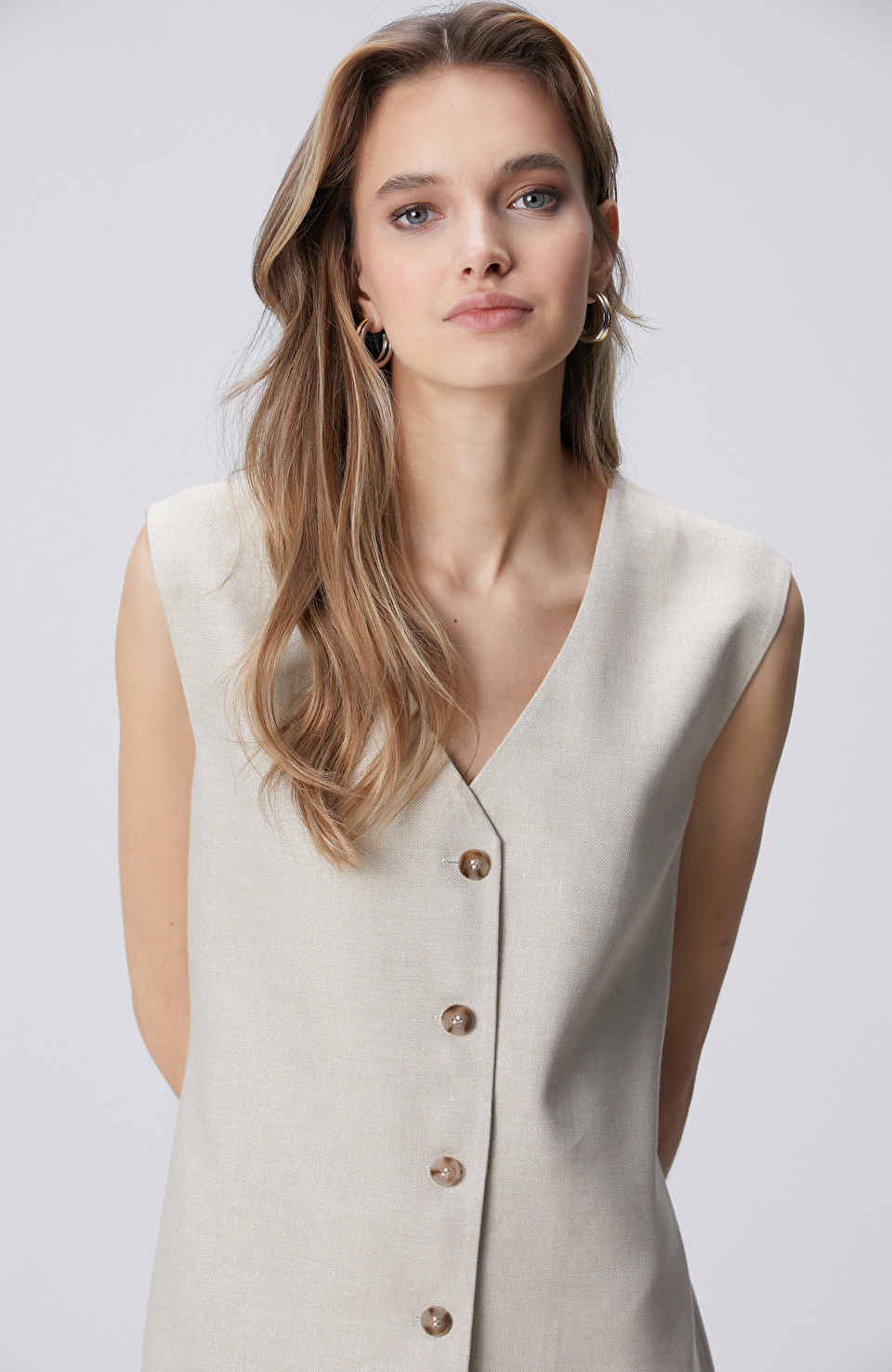 Naturel Diz Boy Keten Karışımlı Elbise