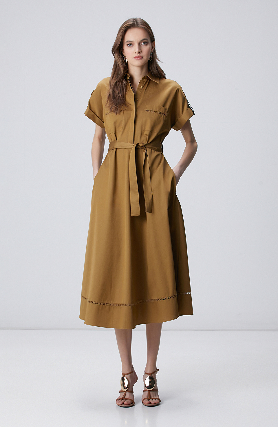 Hardal Cepli Kuruşeta Detaylı Midi Elbise