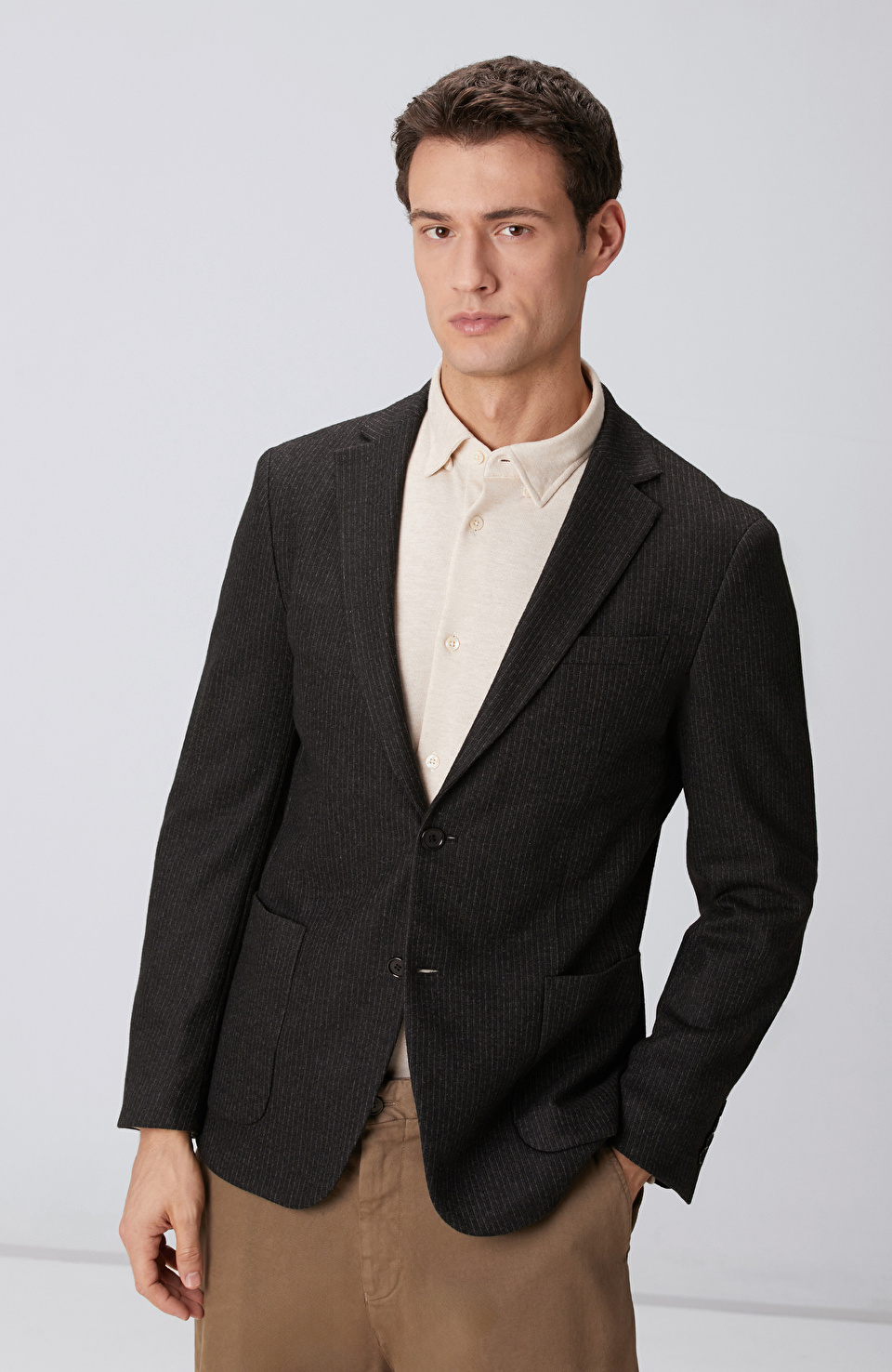 Siyah Çizgili Yün Karışımlı Örme Ceket