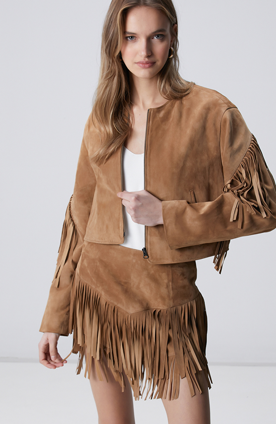 Camel Püsküllü Süet Deri Etek