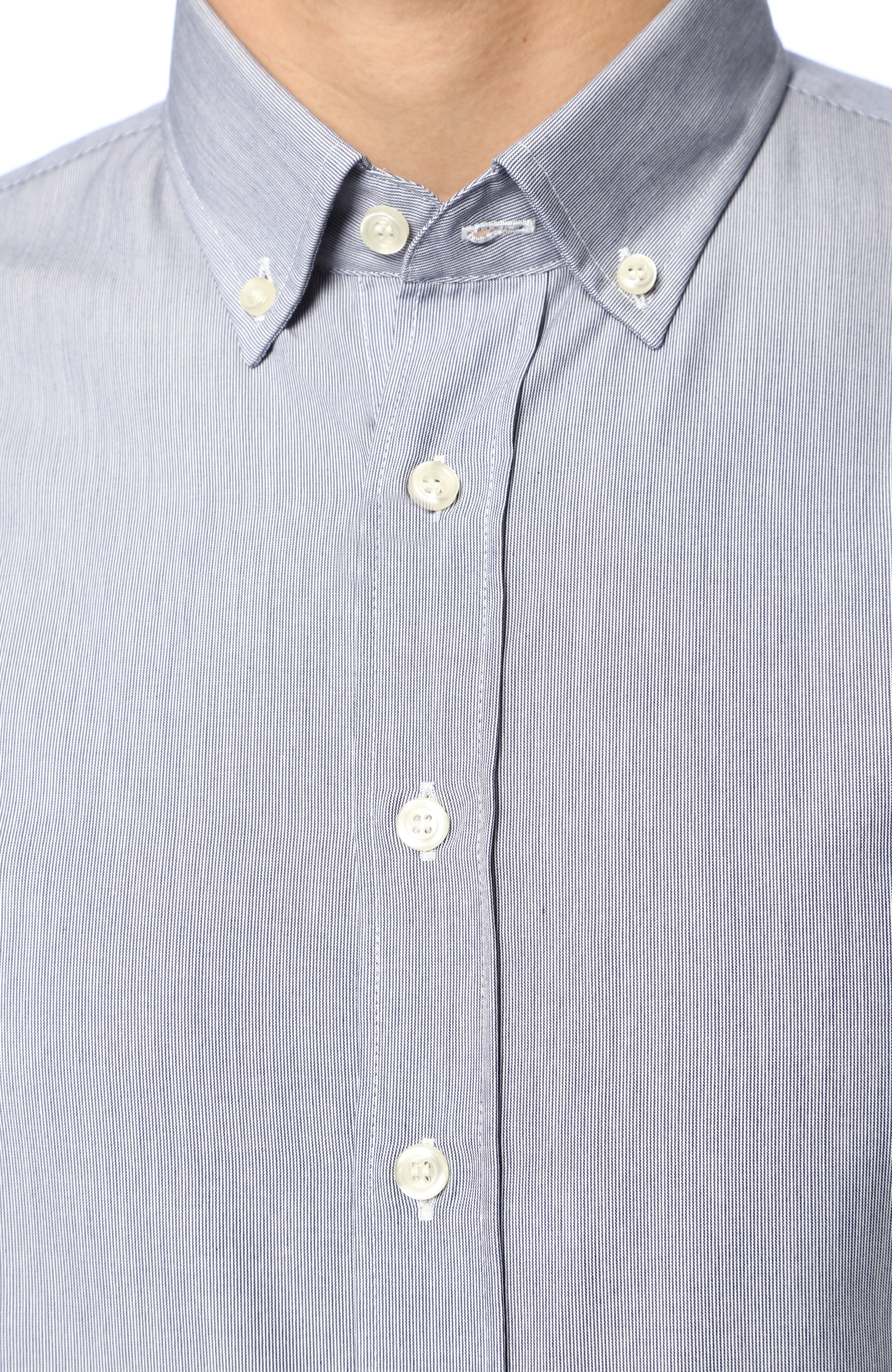 Non Iron Lacivert-Beyaz Düğmeli Yaka Çizgili Slim Fit Gömlek