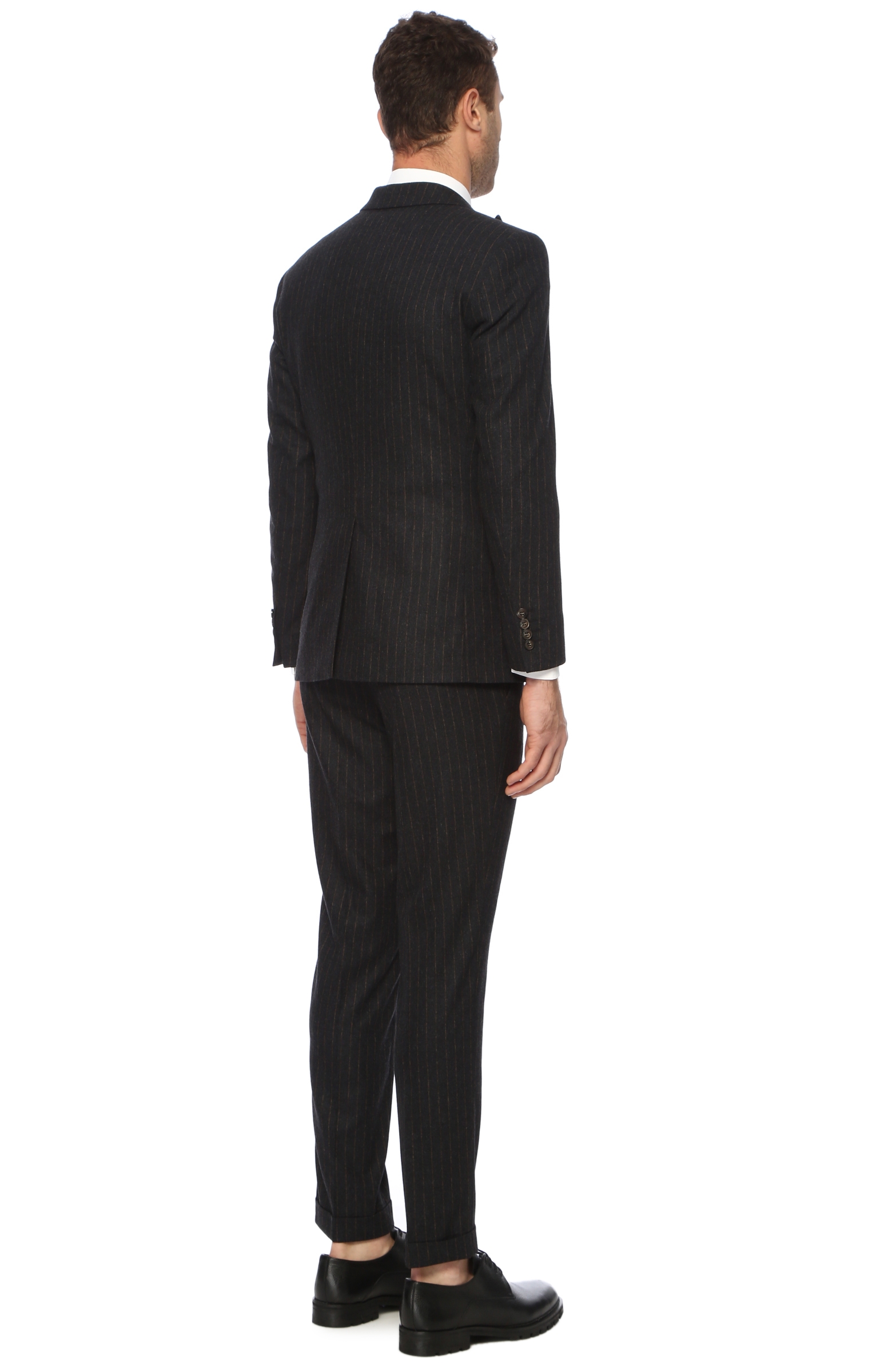 Çizgili Lacivert-Kahverengi Yelekli Takım Elbise