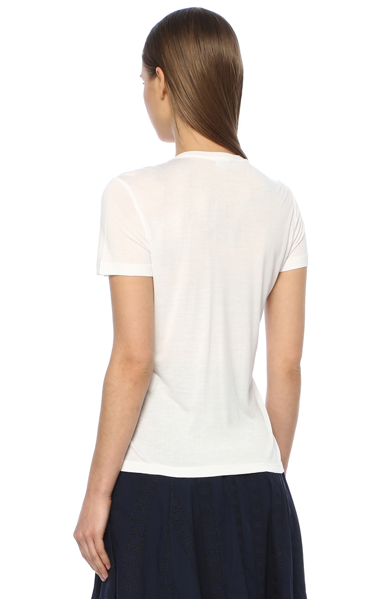 Beyaz File Detaylı Desenli T-shirt