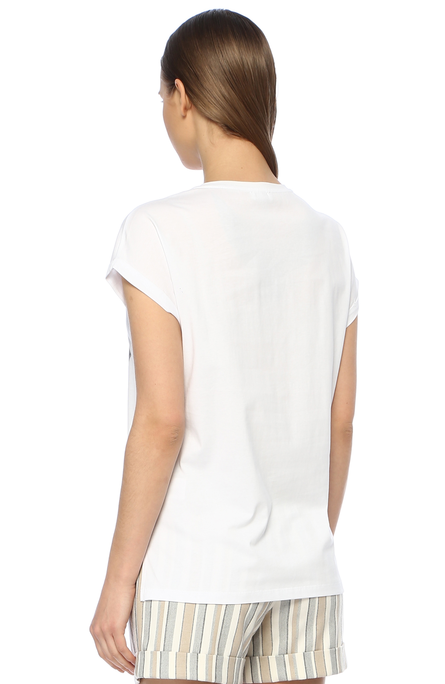 Beyaz Payet İşlemeli Basic T-shirt