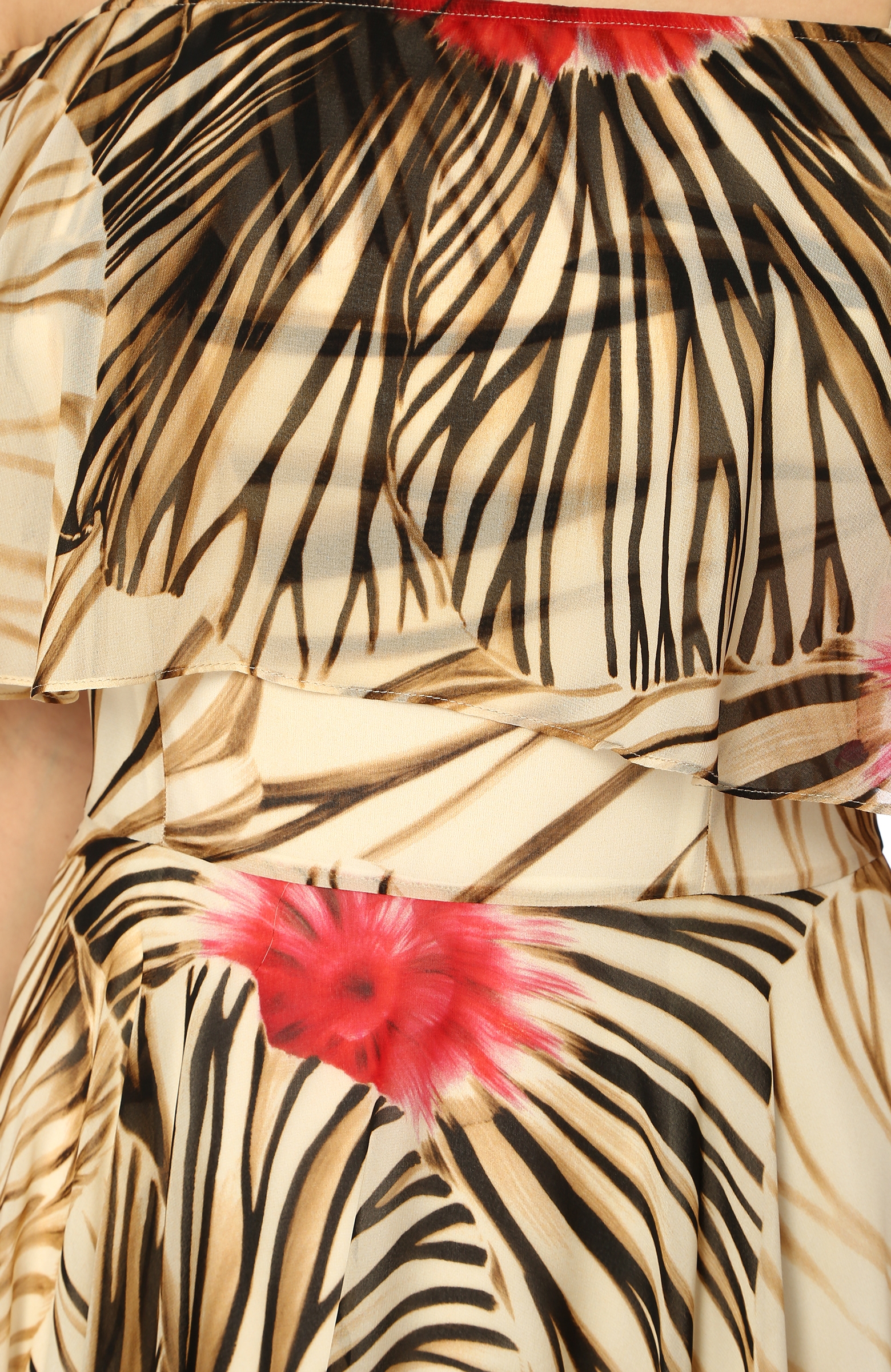 Ekru Çizgili Çiçek Desenli Midi Elbise
