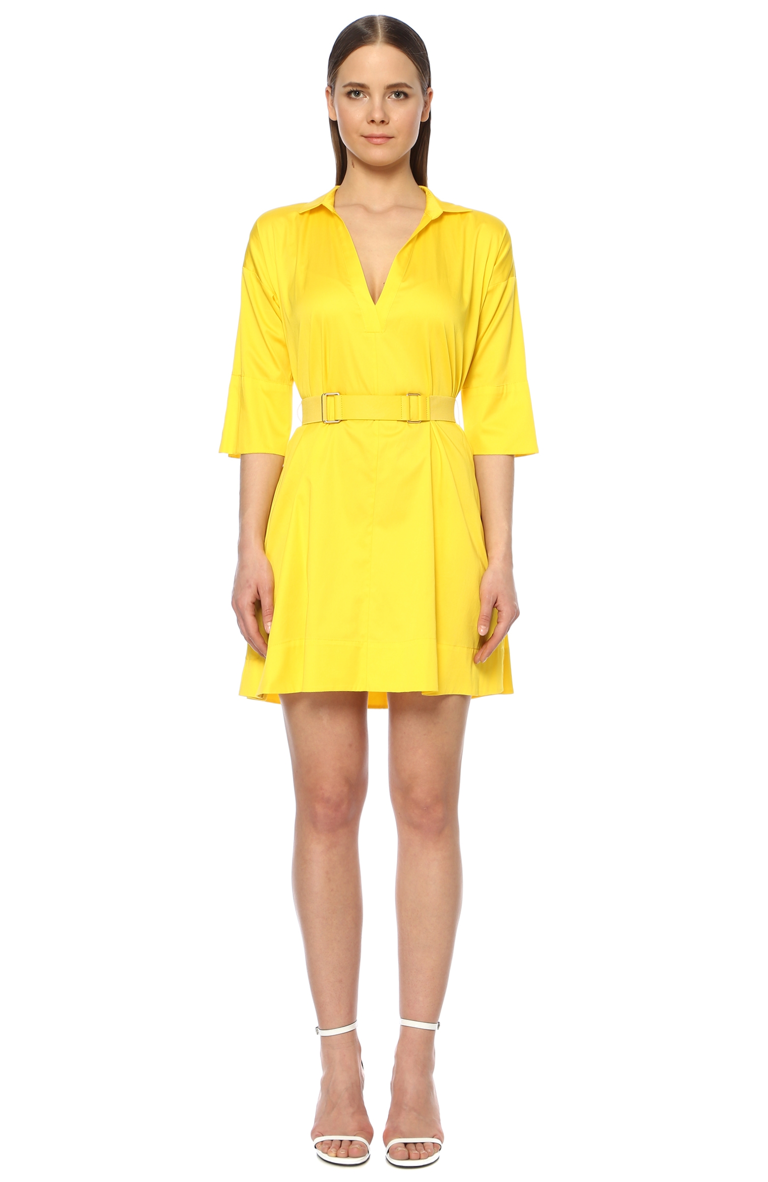 Sarı Beli Kemerli Mini Elbise