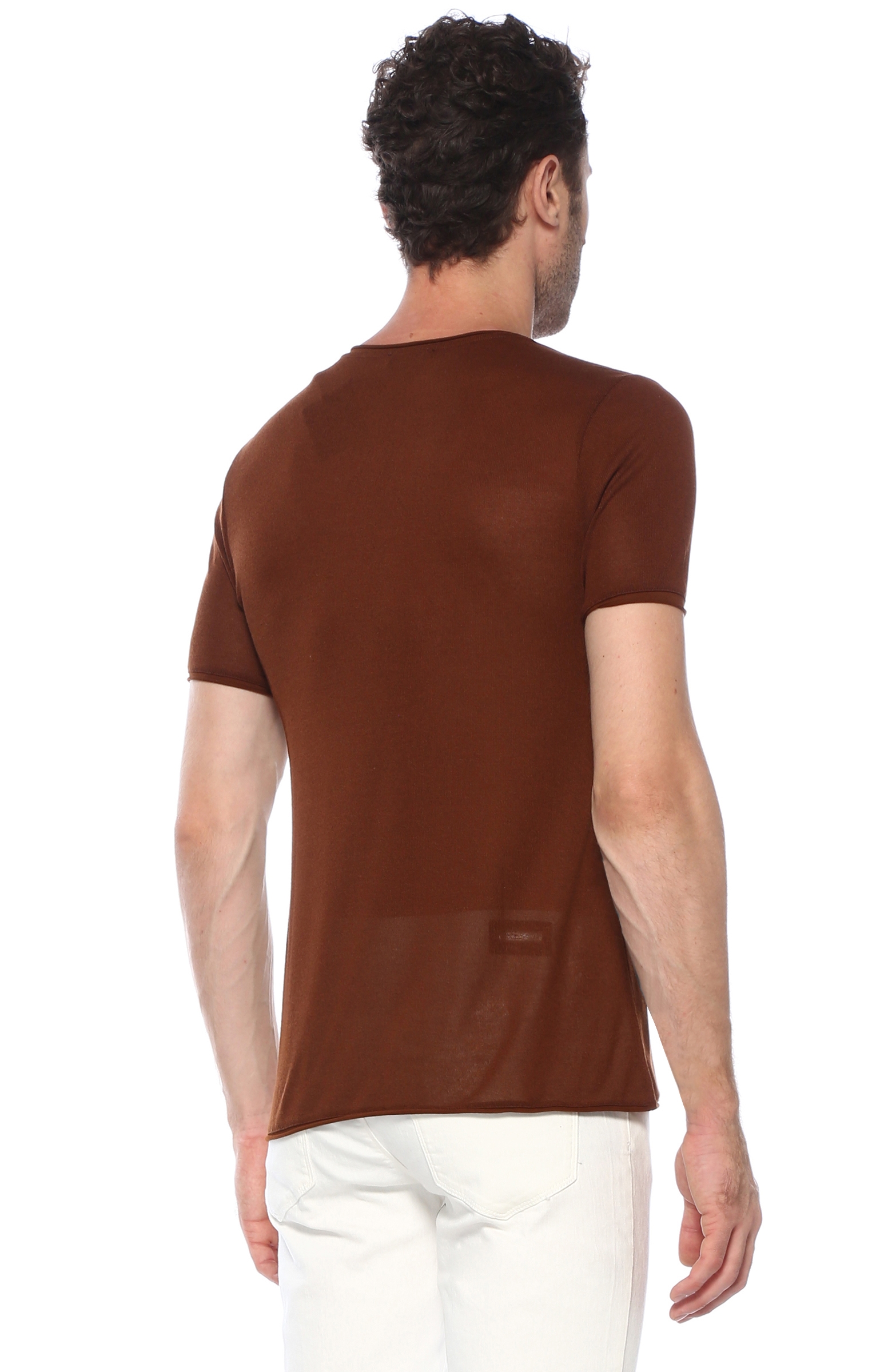 Slim Fit Kahverengi Bisiklet Yaka Basic T-Shirt