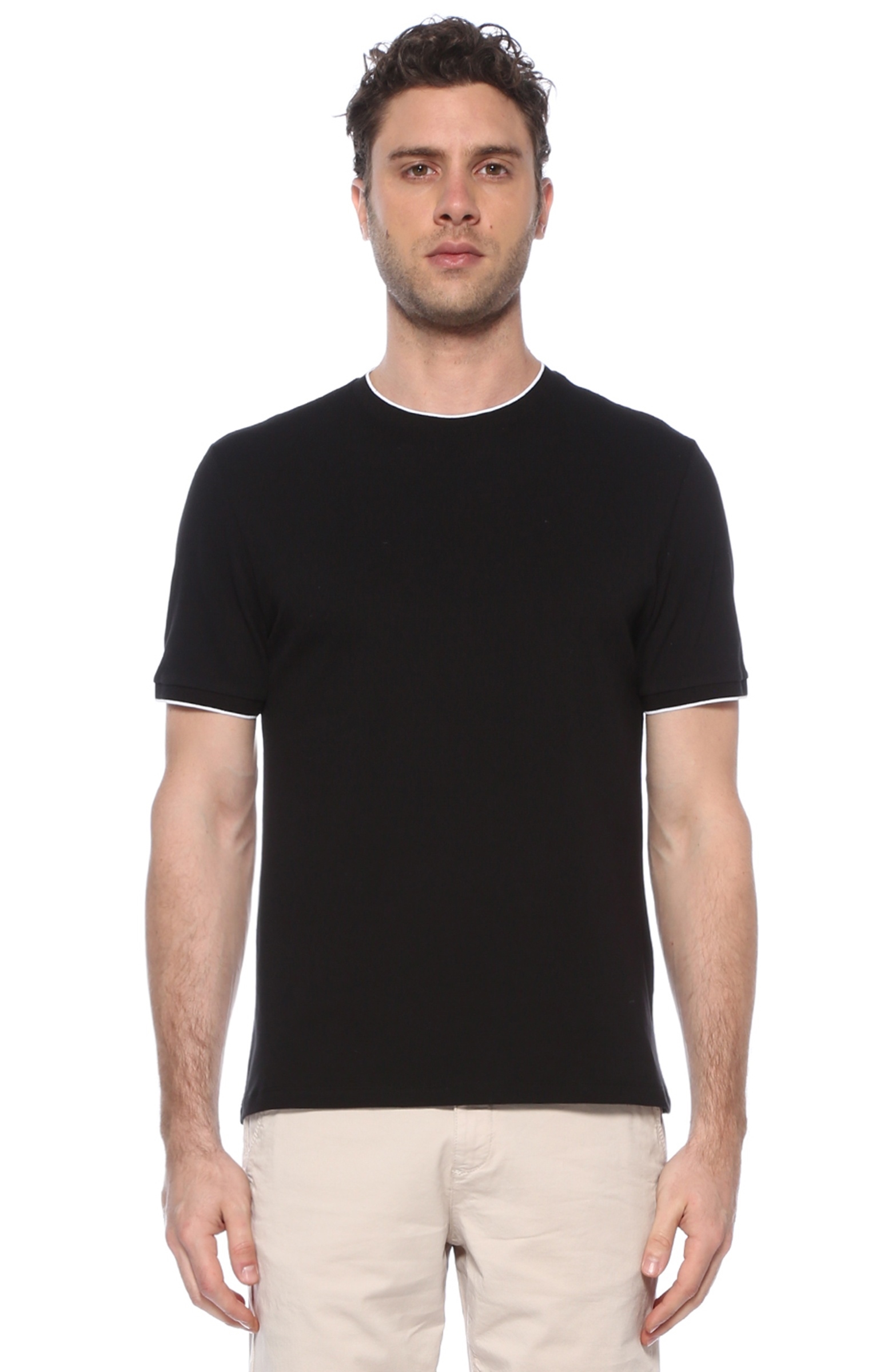 Slim Fit Siyah Kontrast Biyeli Basic T-shirt