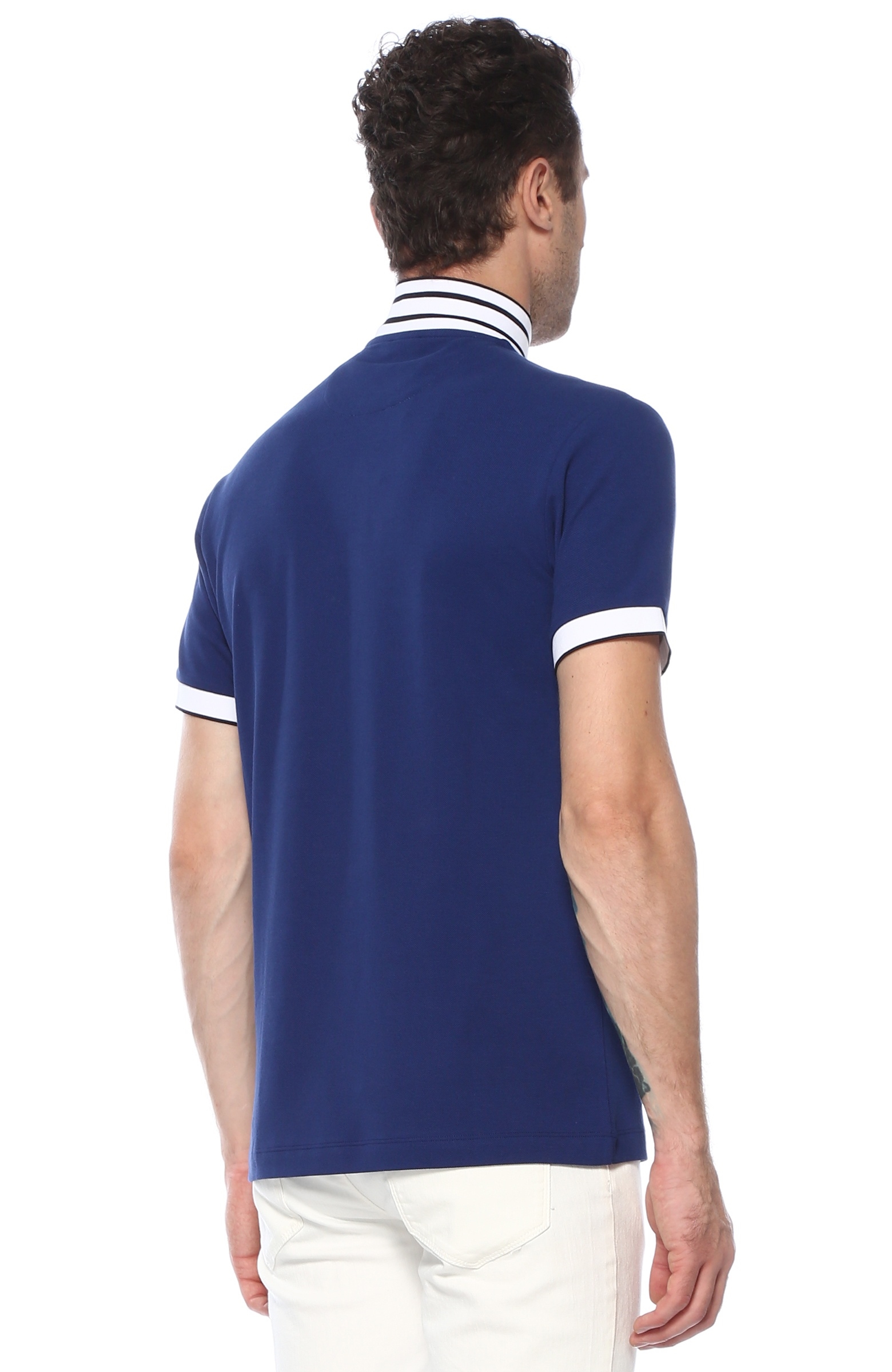 Slim Fit Lacivert Çizgi Desen Detaylı T-shirt