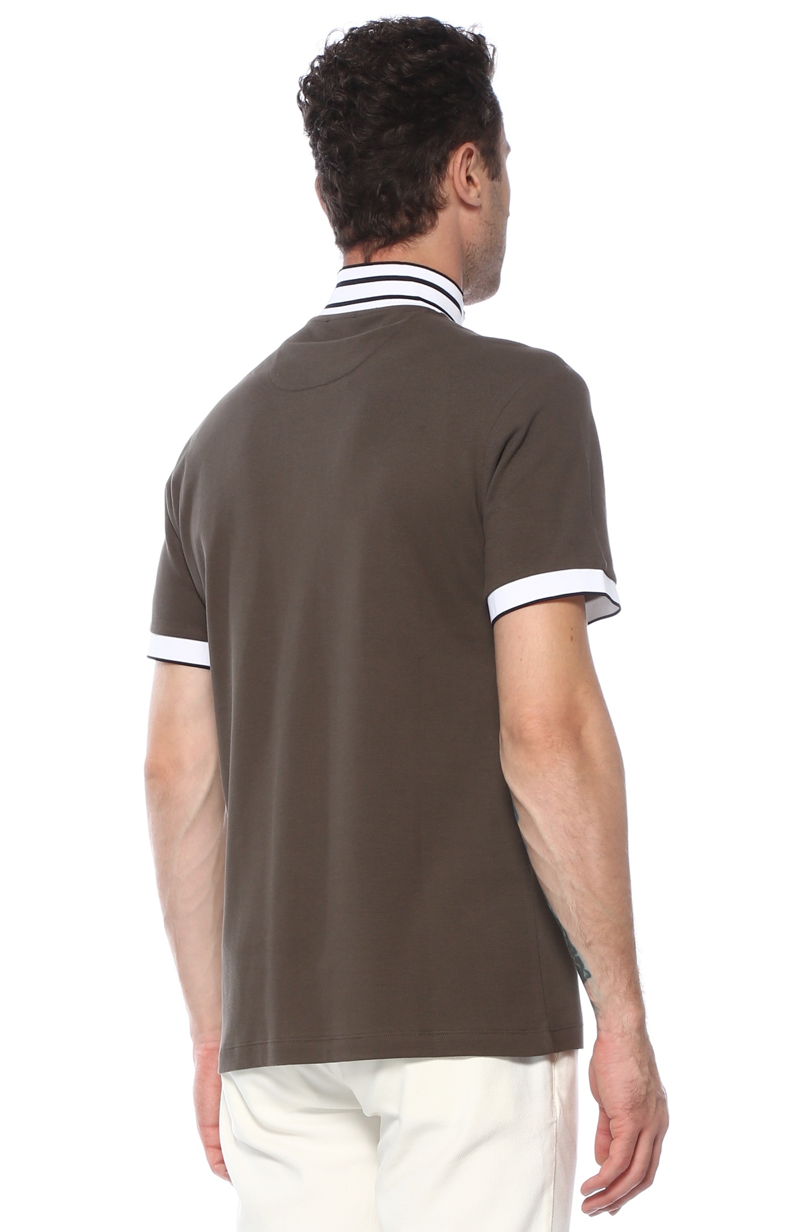 Slim Fit Haki Çizgi Desen Detaylı T-shirt