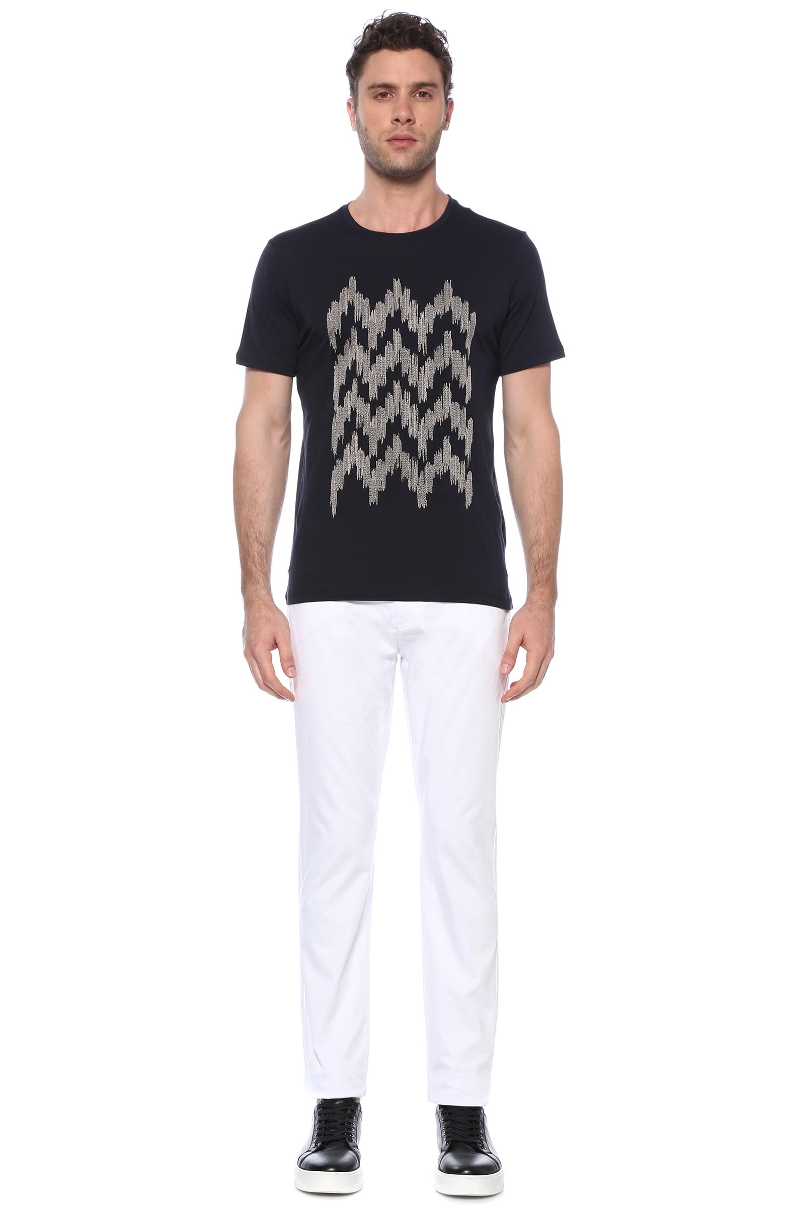 Slim Fit Lacivert Geometrik Nakışlı T-shirt
