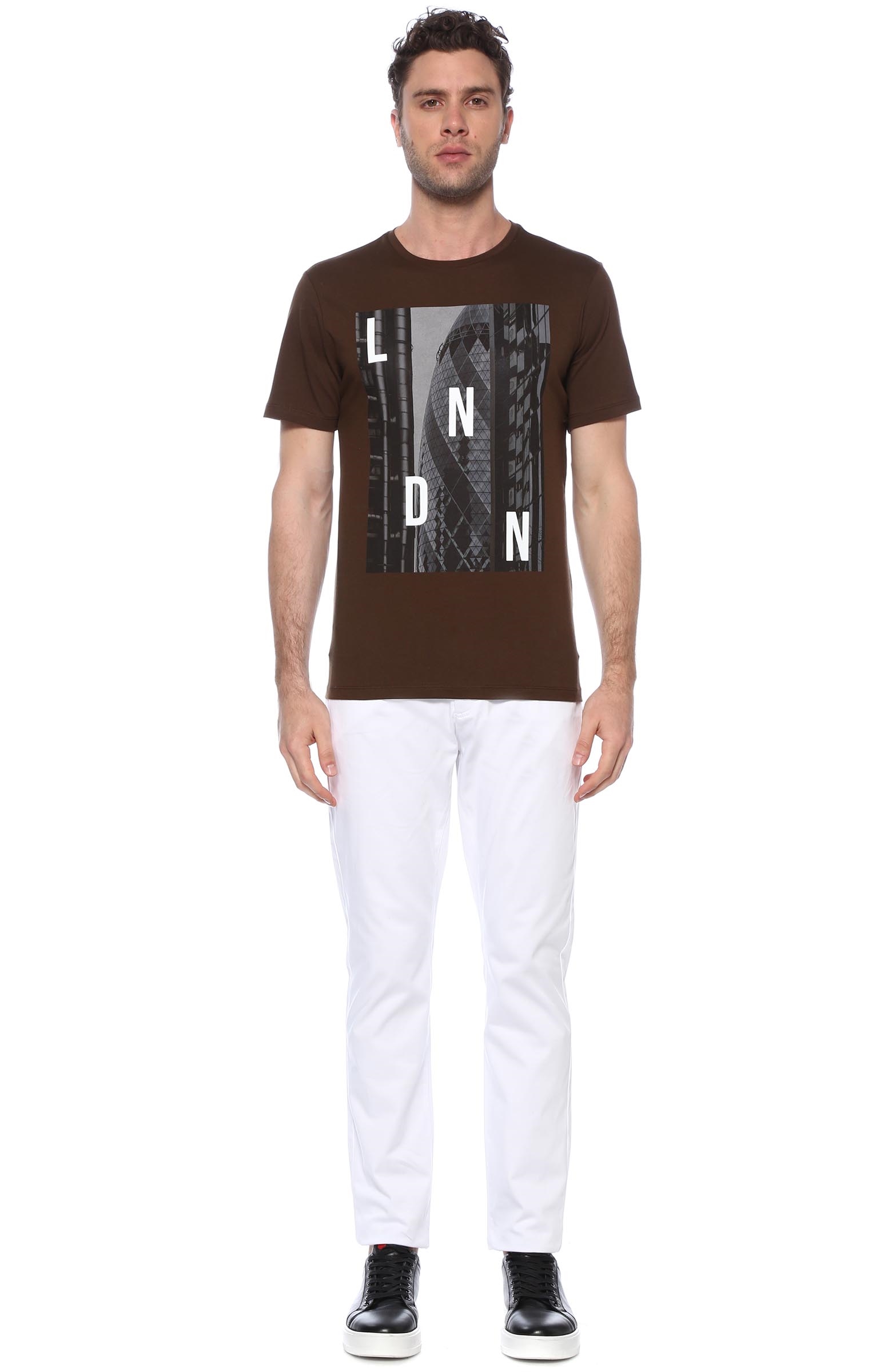 Slim Fit Kahverengi Baskılı T-shirt