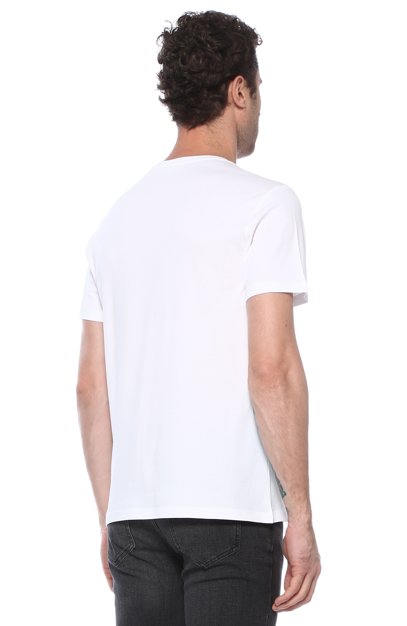 Slim Fit Beyaz Bisiklet Yaka Baskılı T-shirt
