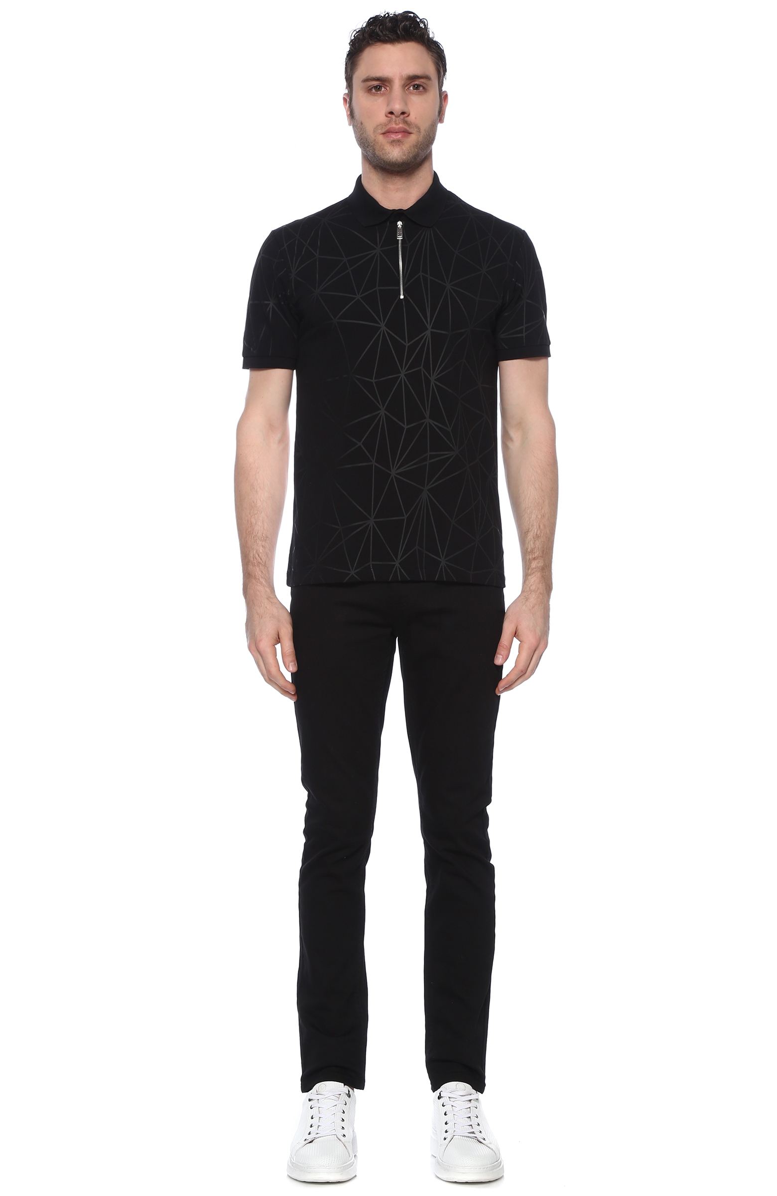 Slim Fit Siyah Polo Yaka Geometrik Baskılı T-shirt