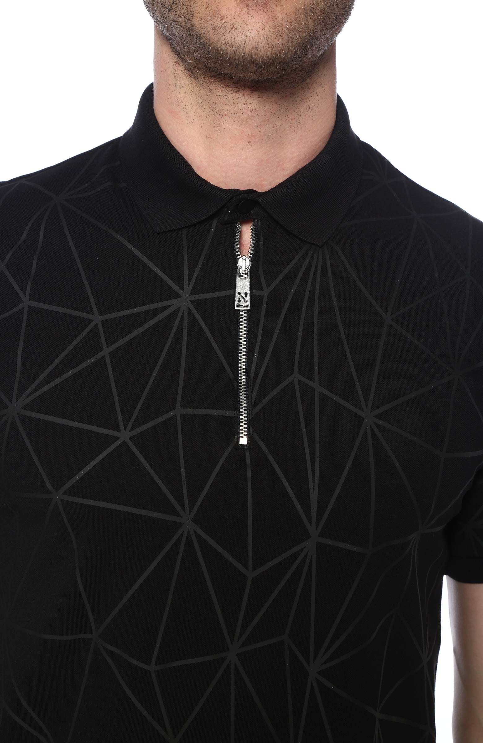 Slim Fit Siyah Polo Yaka Geometrik Baskılı T-shirt