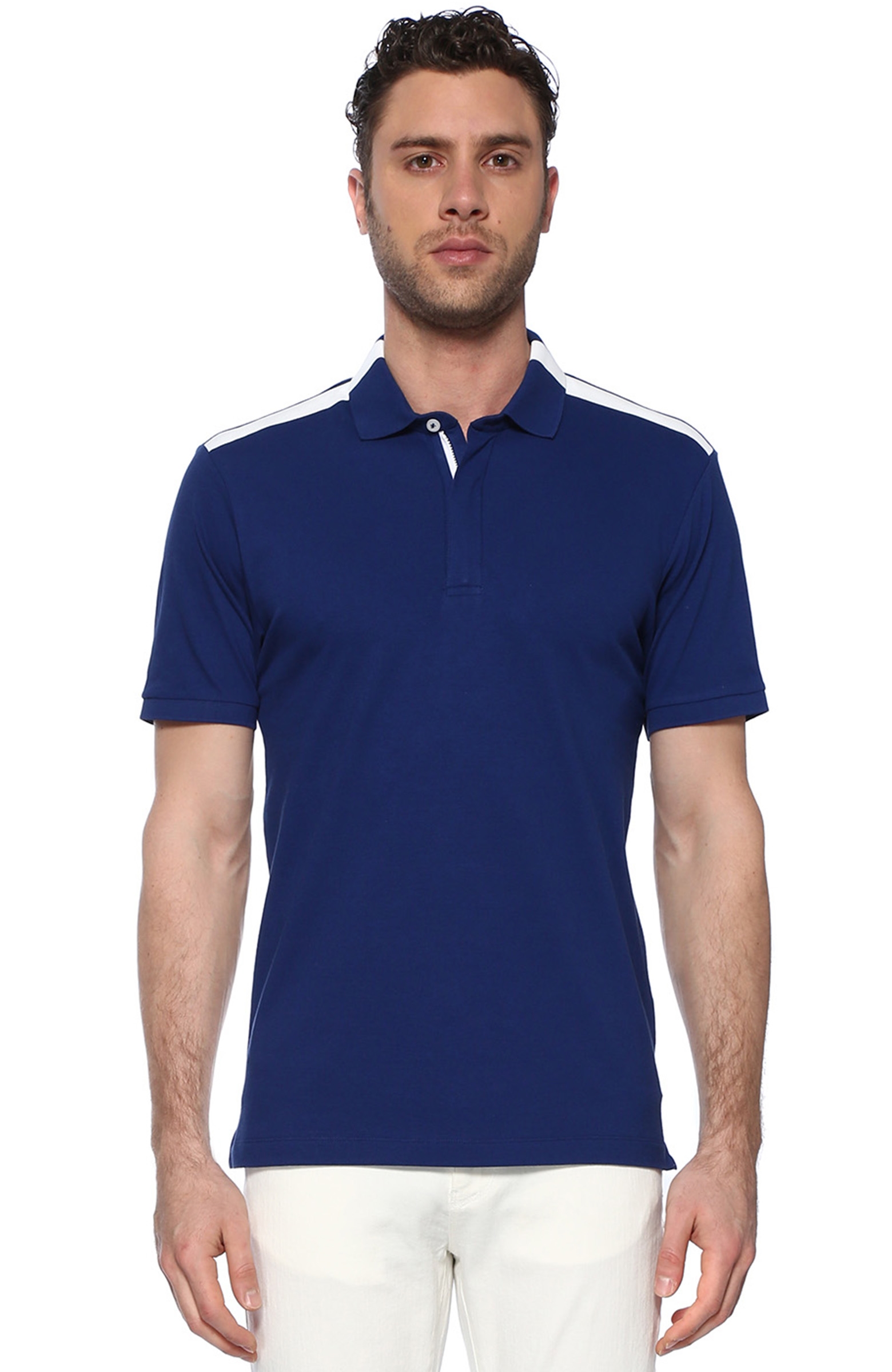 Slim Fit Mavi Polo Yaka Şeritli T-shirt
