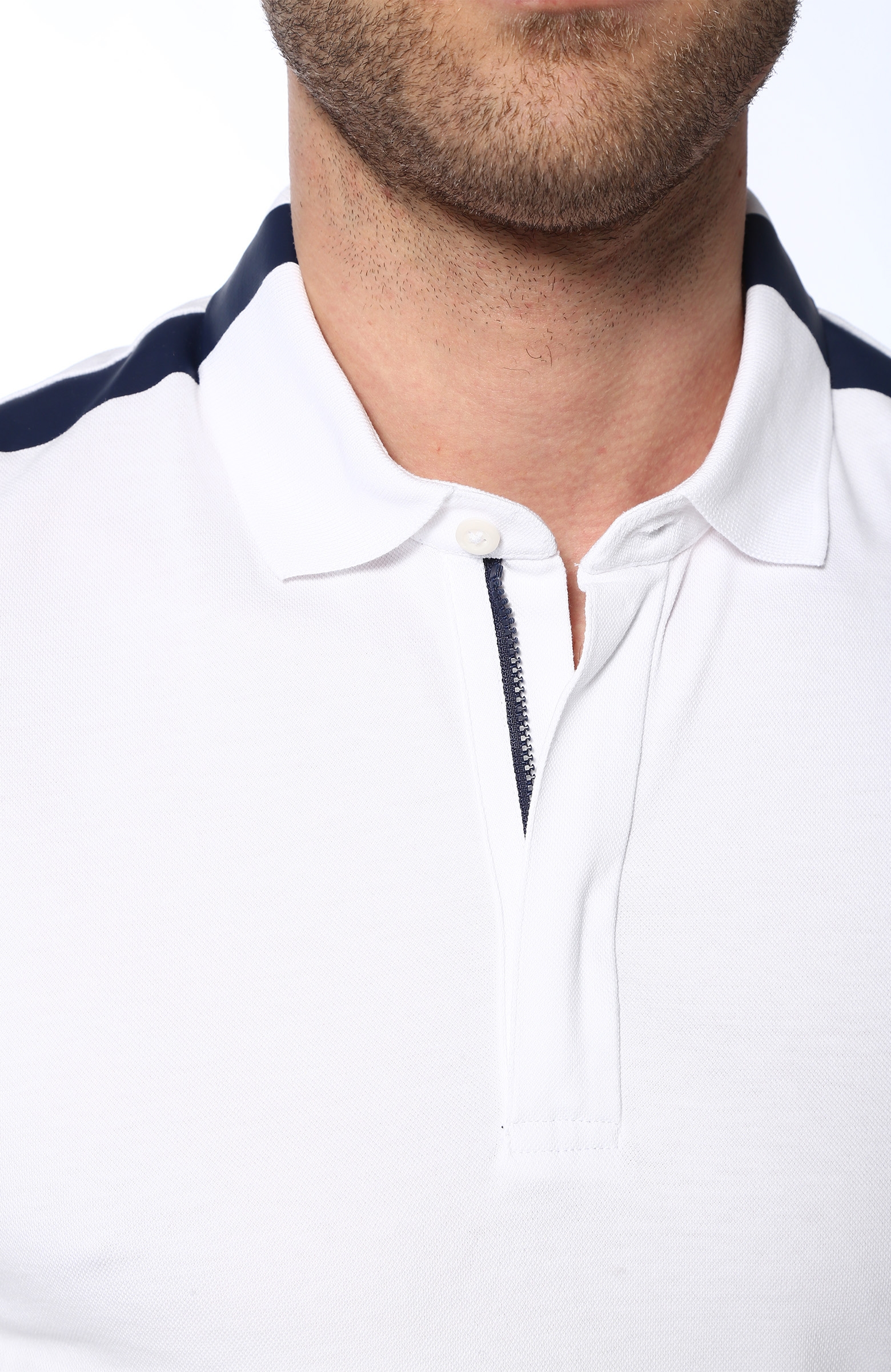 Slim Fit Beyaz Polo Yaka Şeritli T-shirt