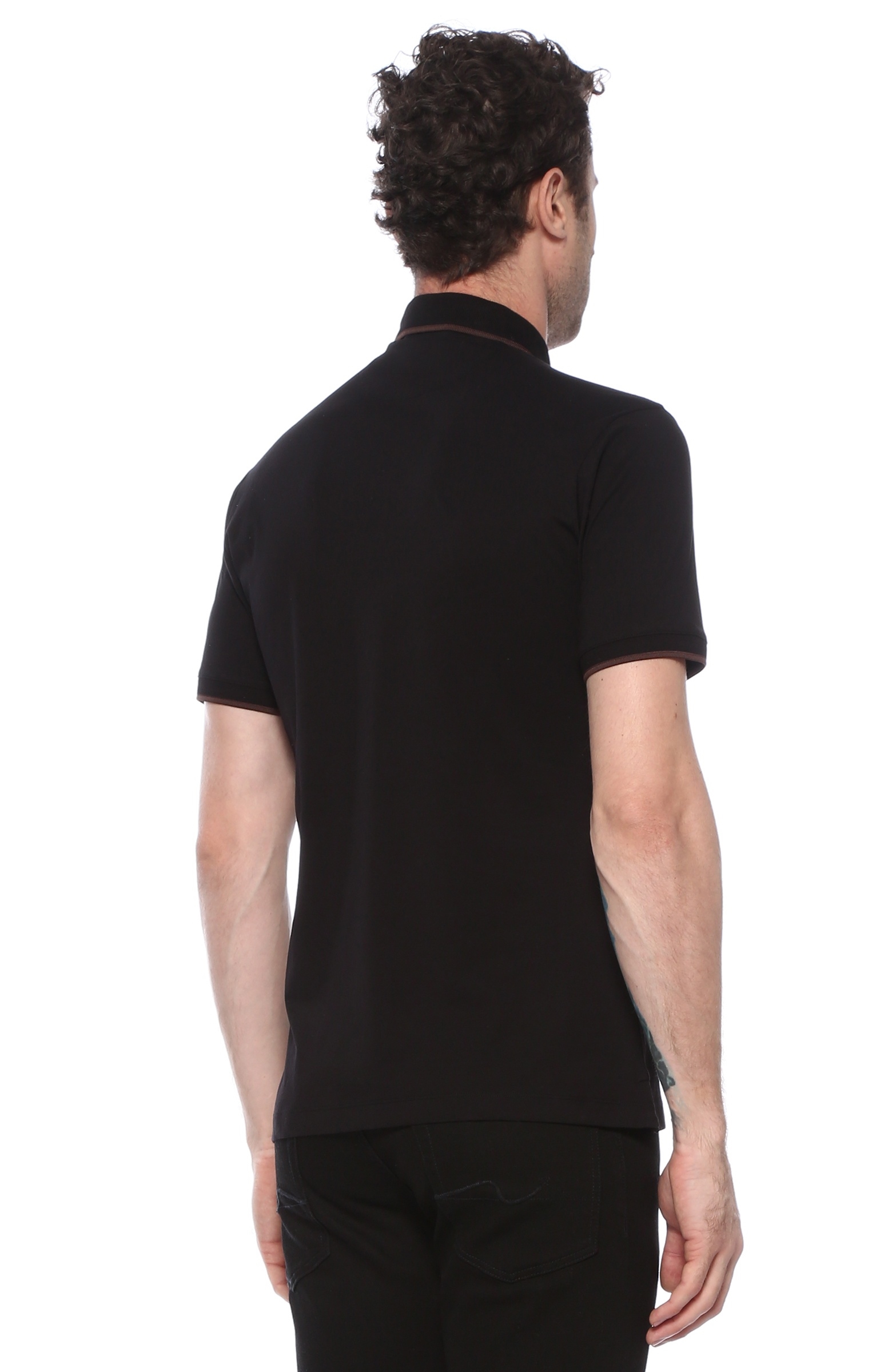 Slim Fit Siyah Polo Yaka Renk Detaylı T-shirt