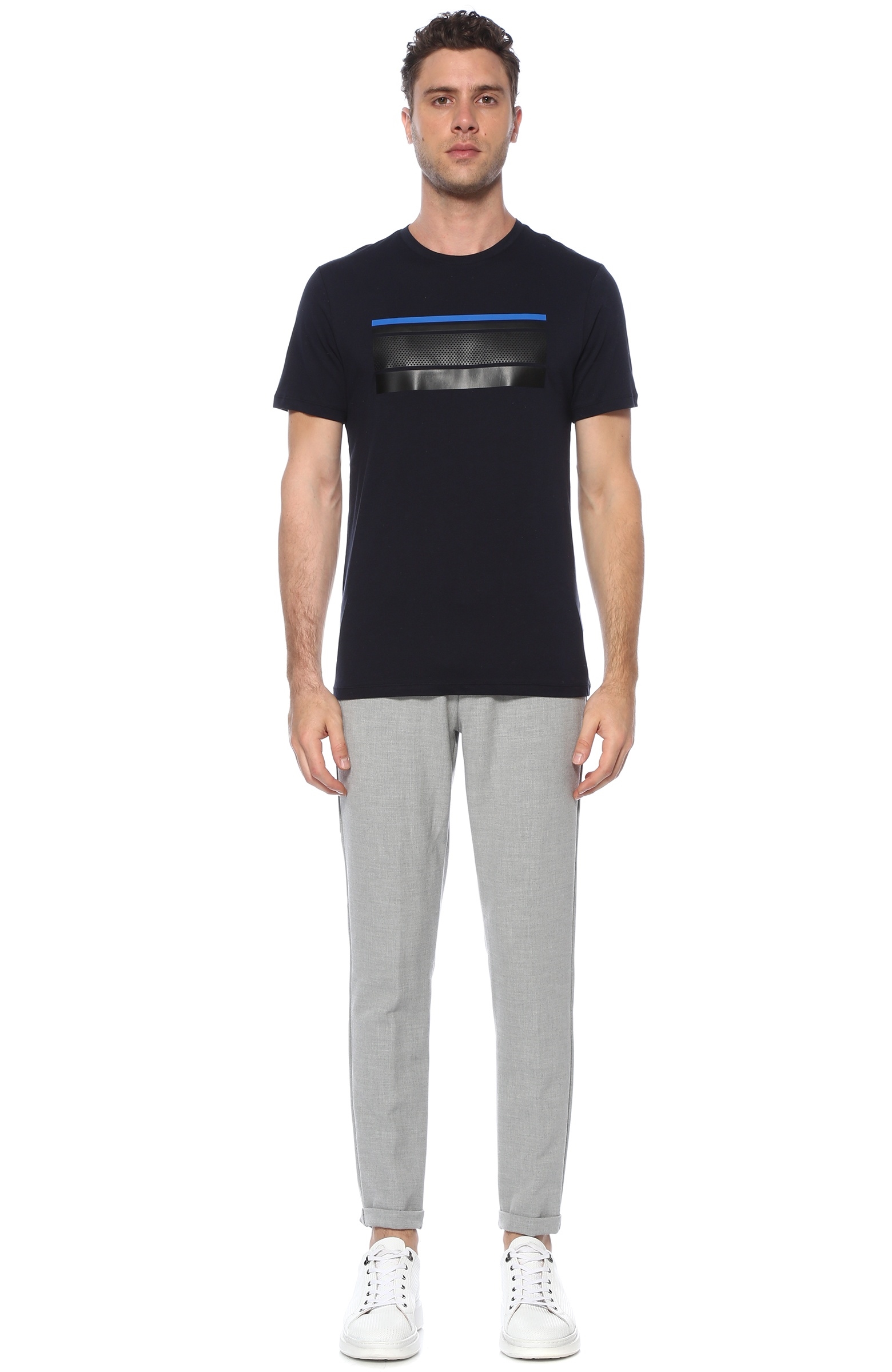 Slim Fit Lacivert Şerit Desen Detaylı T-shirt