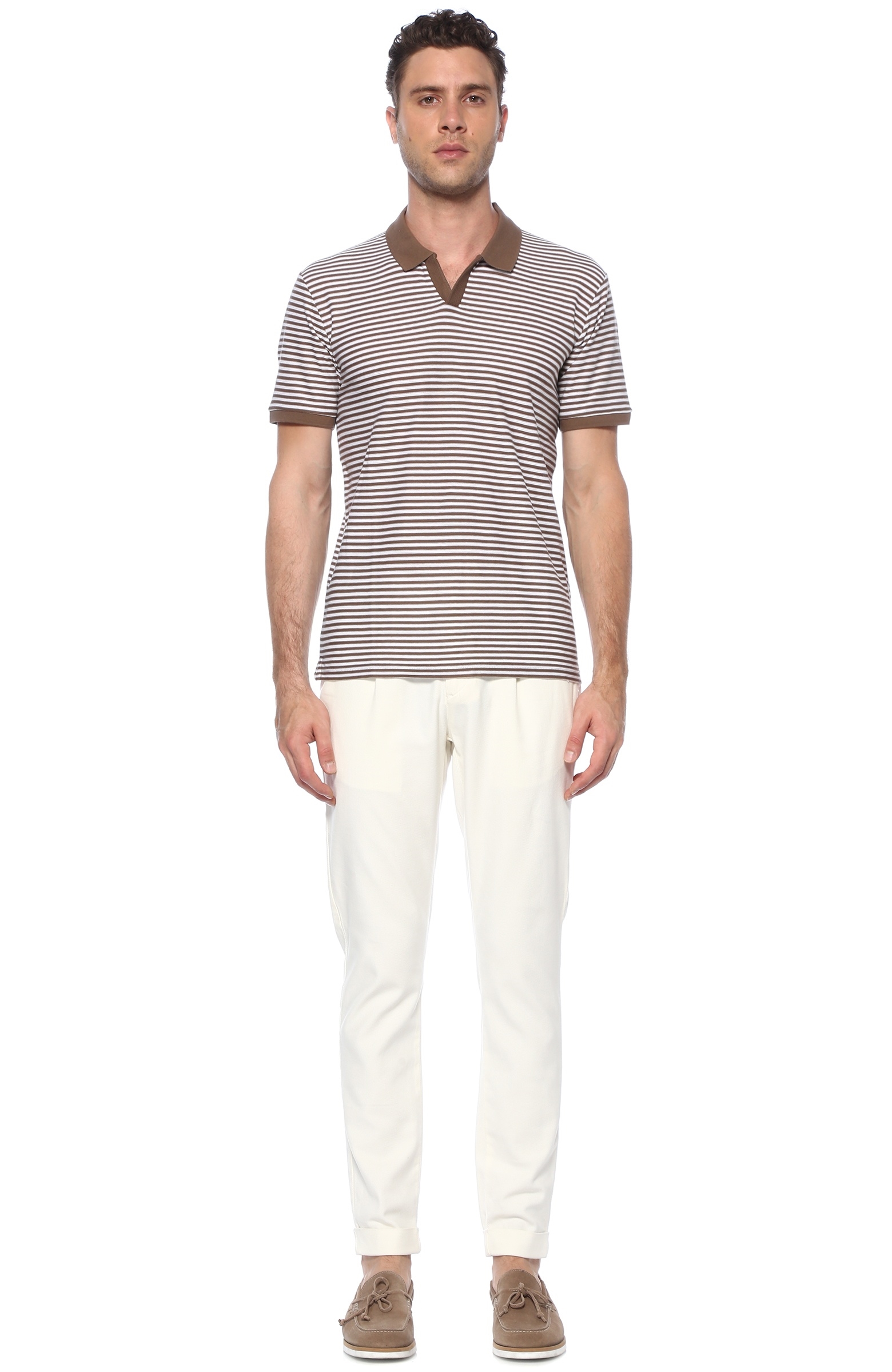 Slim Fit Vizon Beyaz Polo Yaka Çizgili T-shirt