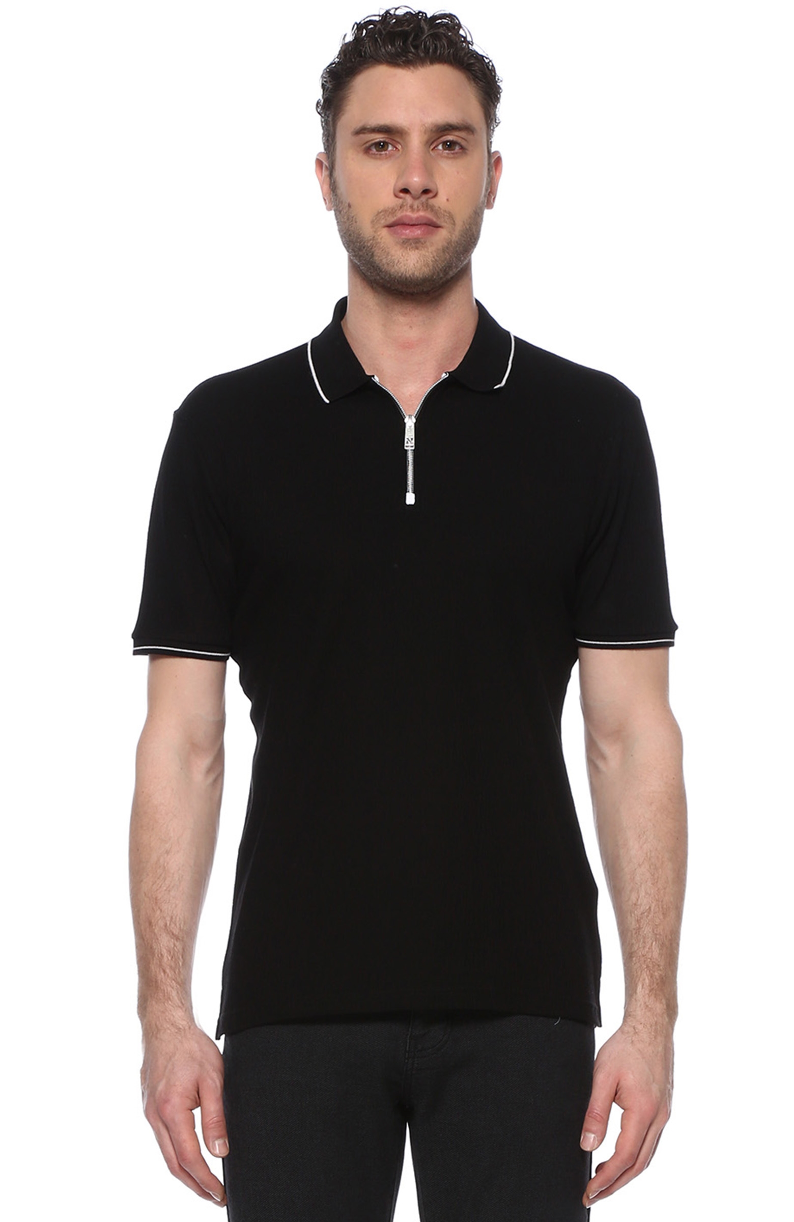 Slim Fit Siyah Polo Yaka Biyeli T-shirt