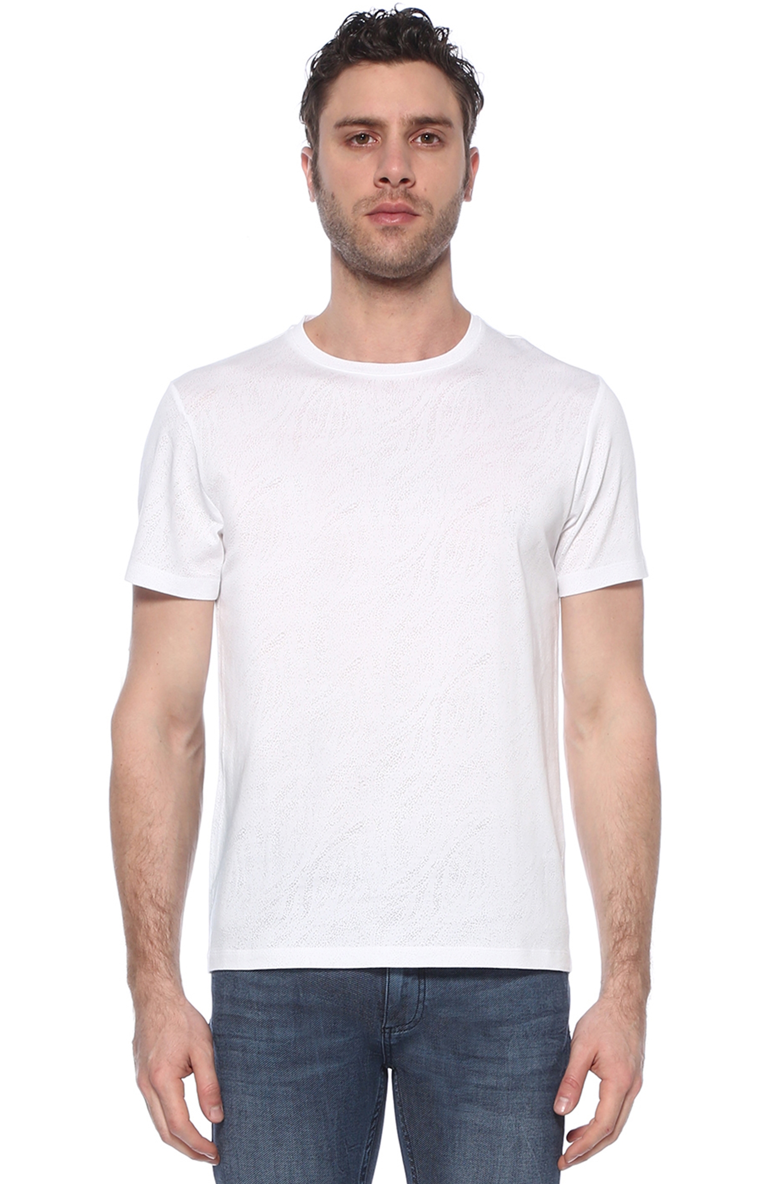Slim Fit Beyaz Jakarlı Basic T-shirt