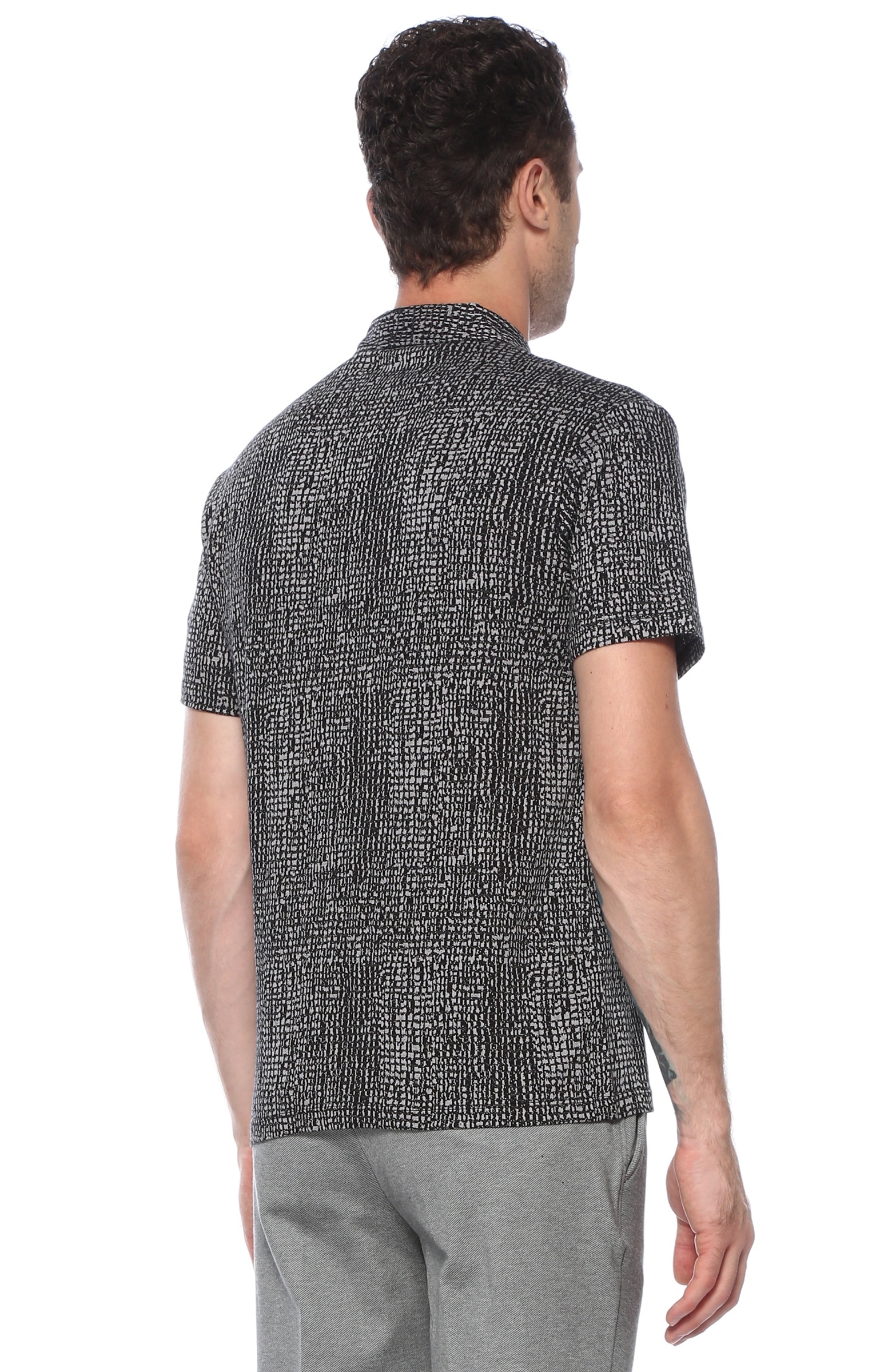 Slim Fit Siyah Polo Yaka Kabartmalı Desenli Tshirt
