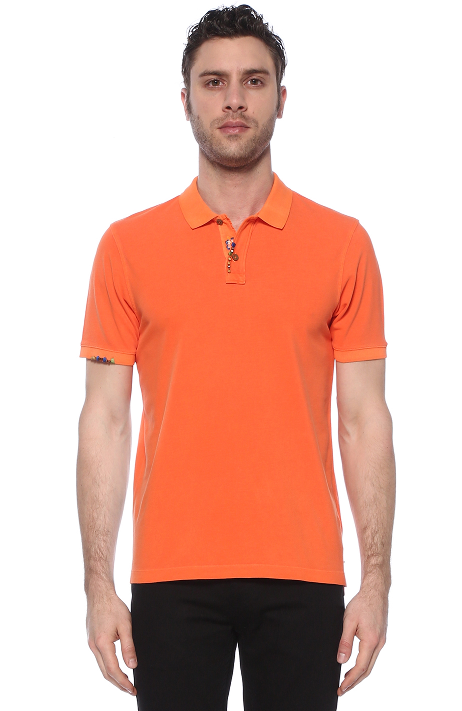 Slim Fit Turuncu Polo Yaka Nakış Detaylı T-shirt