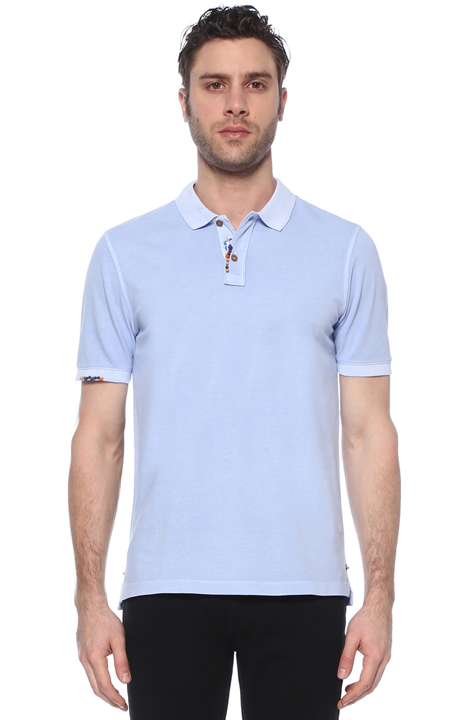 Slim Fit Mavi Polo Yaka Nakış Detaylı T-shirt