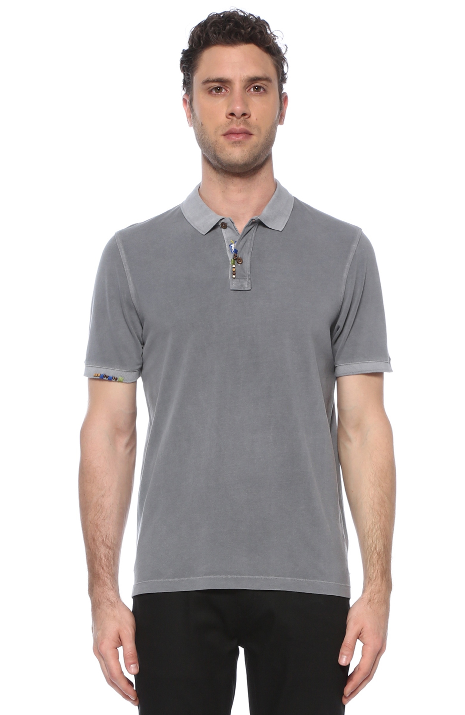 Slim Fit Gri Nakış Detaylı Polo Yaka T-shirt