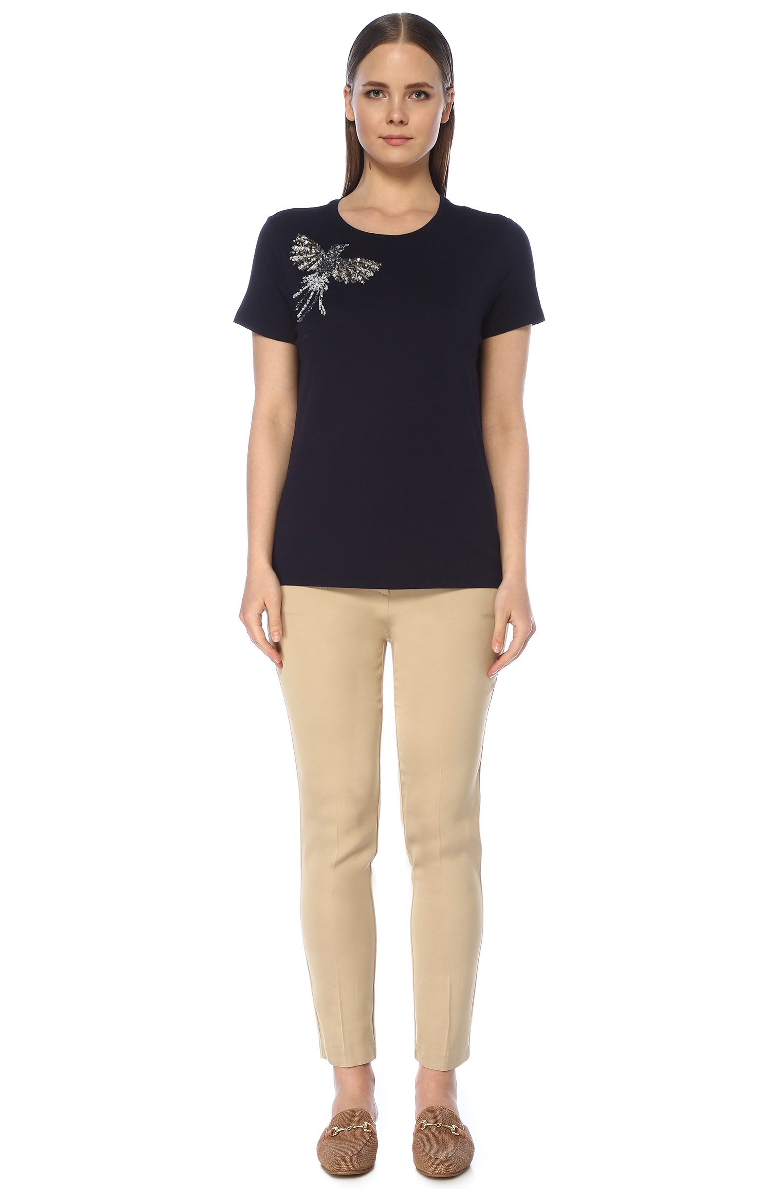 Lacivert Kuş İşlemeli Nopeli T-shirt