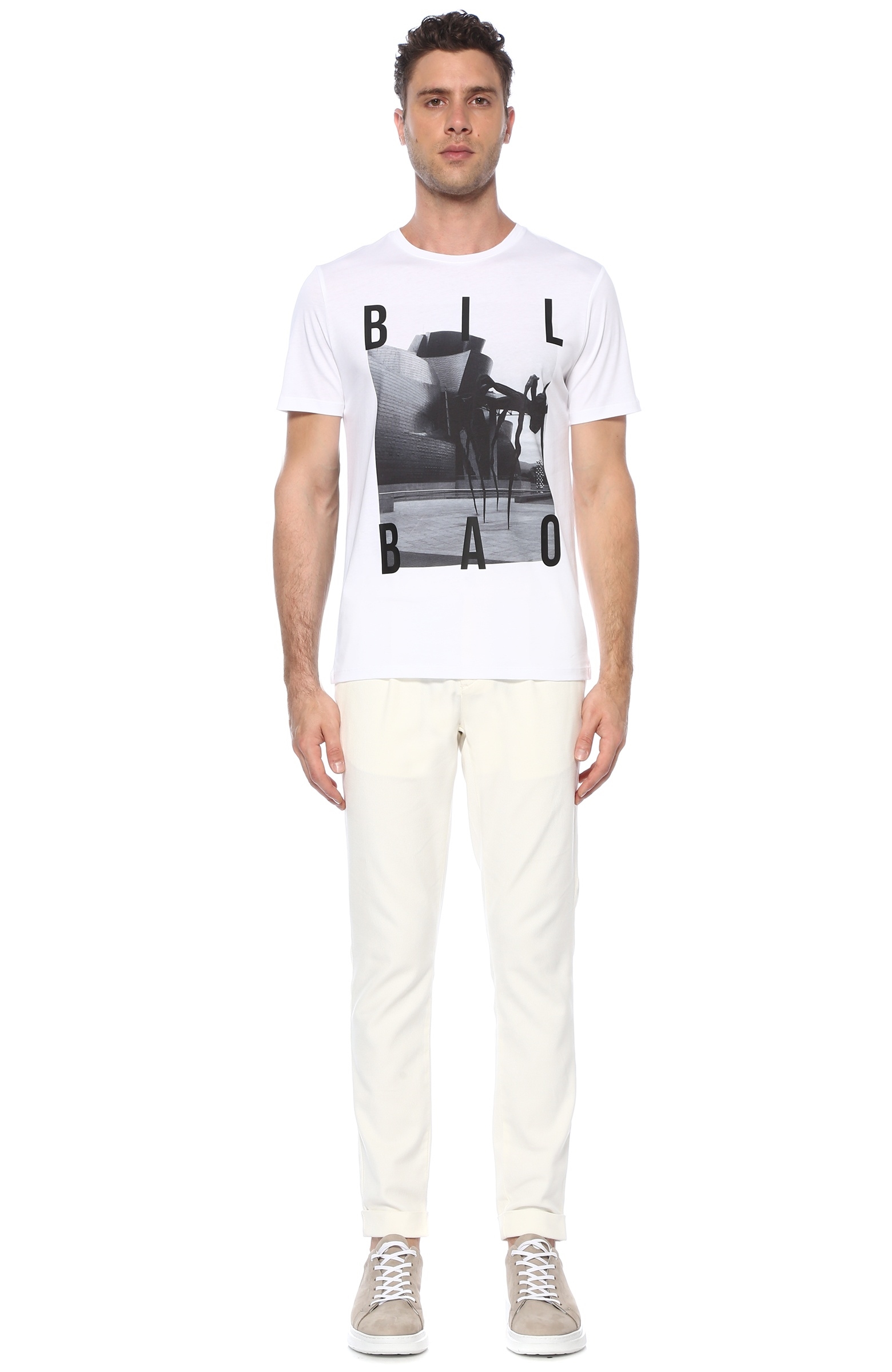 Slim Fit Beyaz Kontrast Baskılı T-shirt
