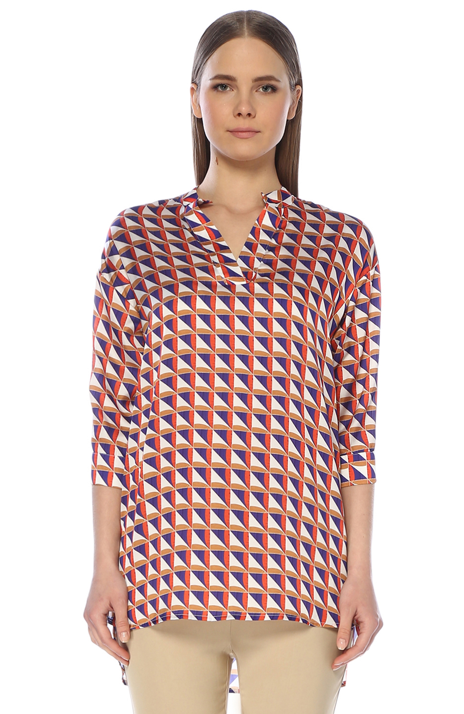 Colorblocked Desenli Bluz