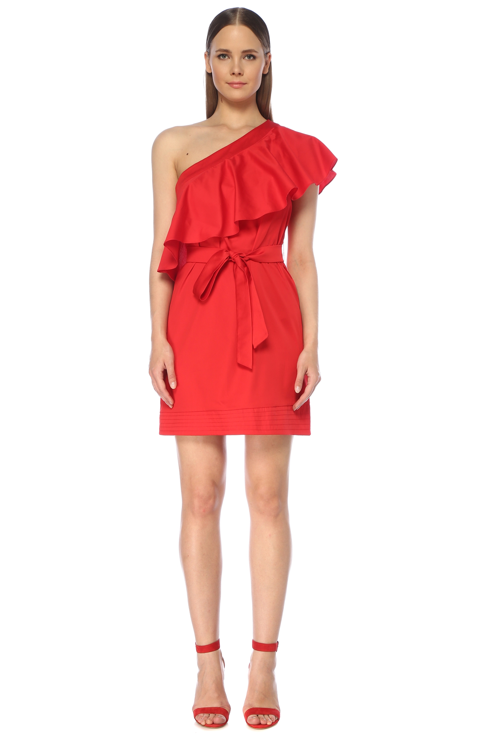 Kırmızı Tek Omuzlu Kuşaklı Mini Elbise