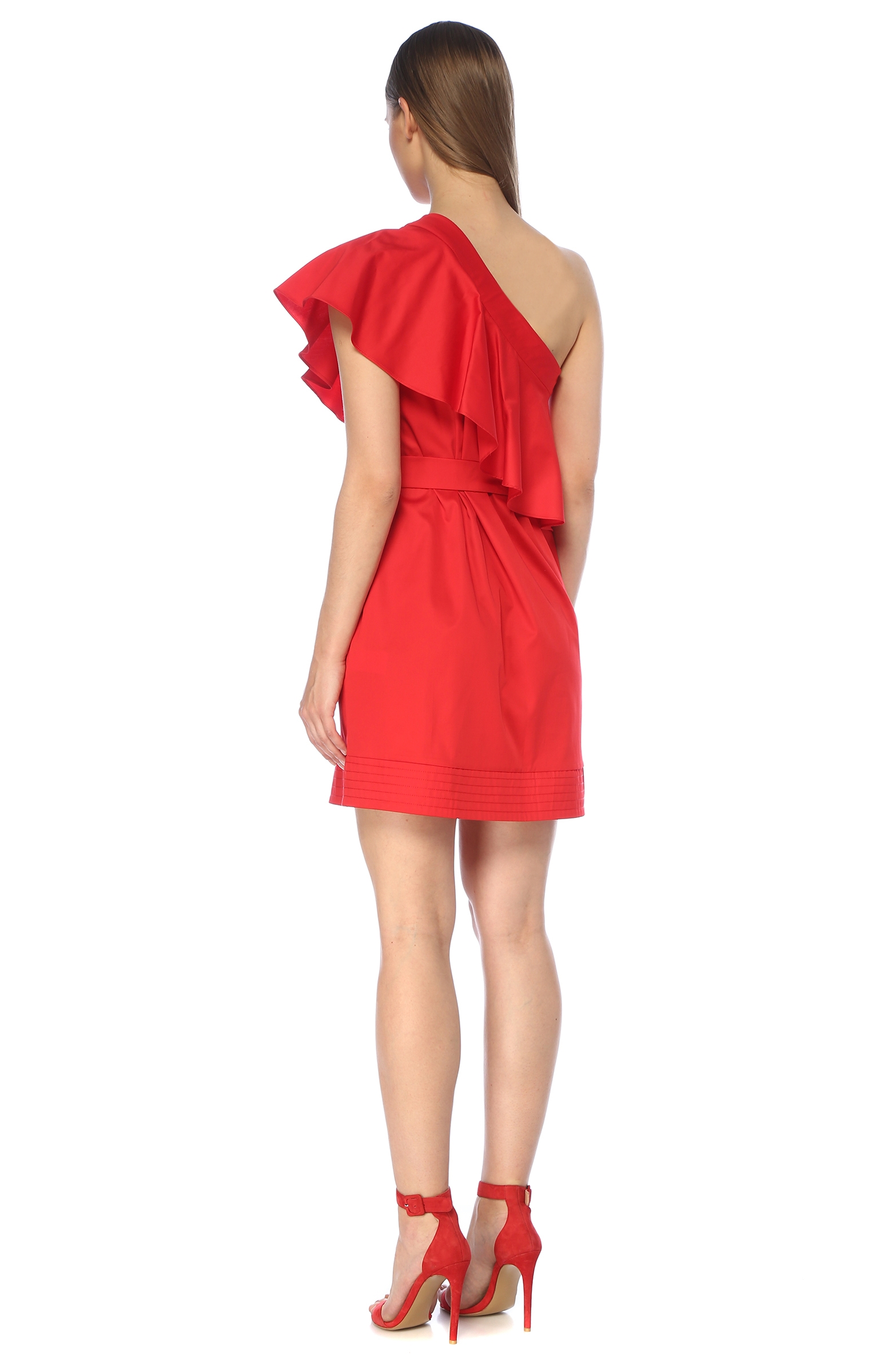 Kırmızı Tek Omuzlu Kuşaklı Mini Elbise