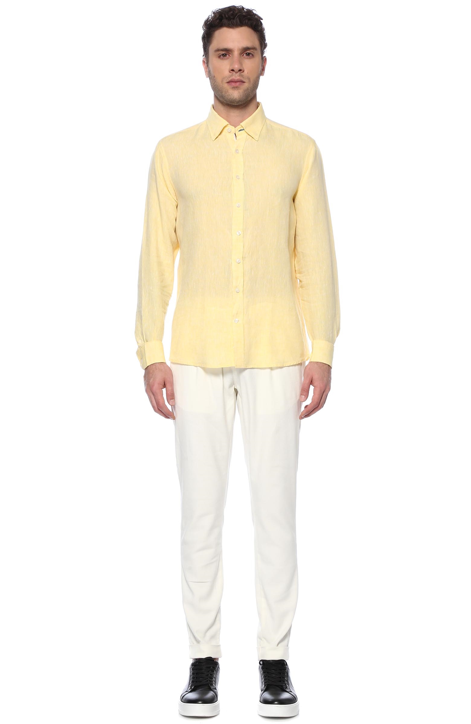 Slim Fit Sarı Klasik Yaka Keten Gömlek