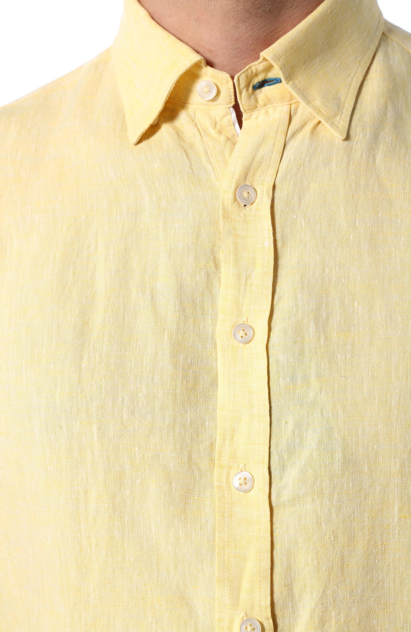 Slim Fit Sarı Klasik Yaka Keten Gömlek