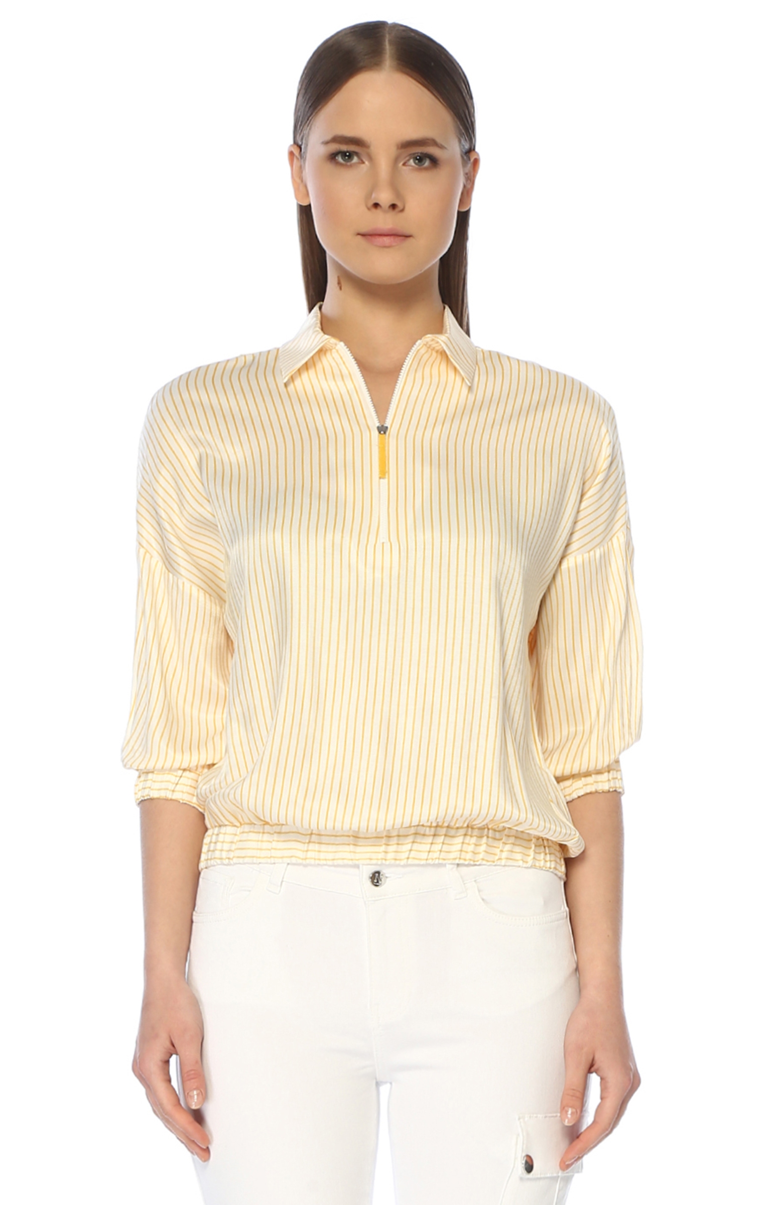 Sarı Beyaz Gömlek Yaka Çizgili Bluz