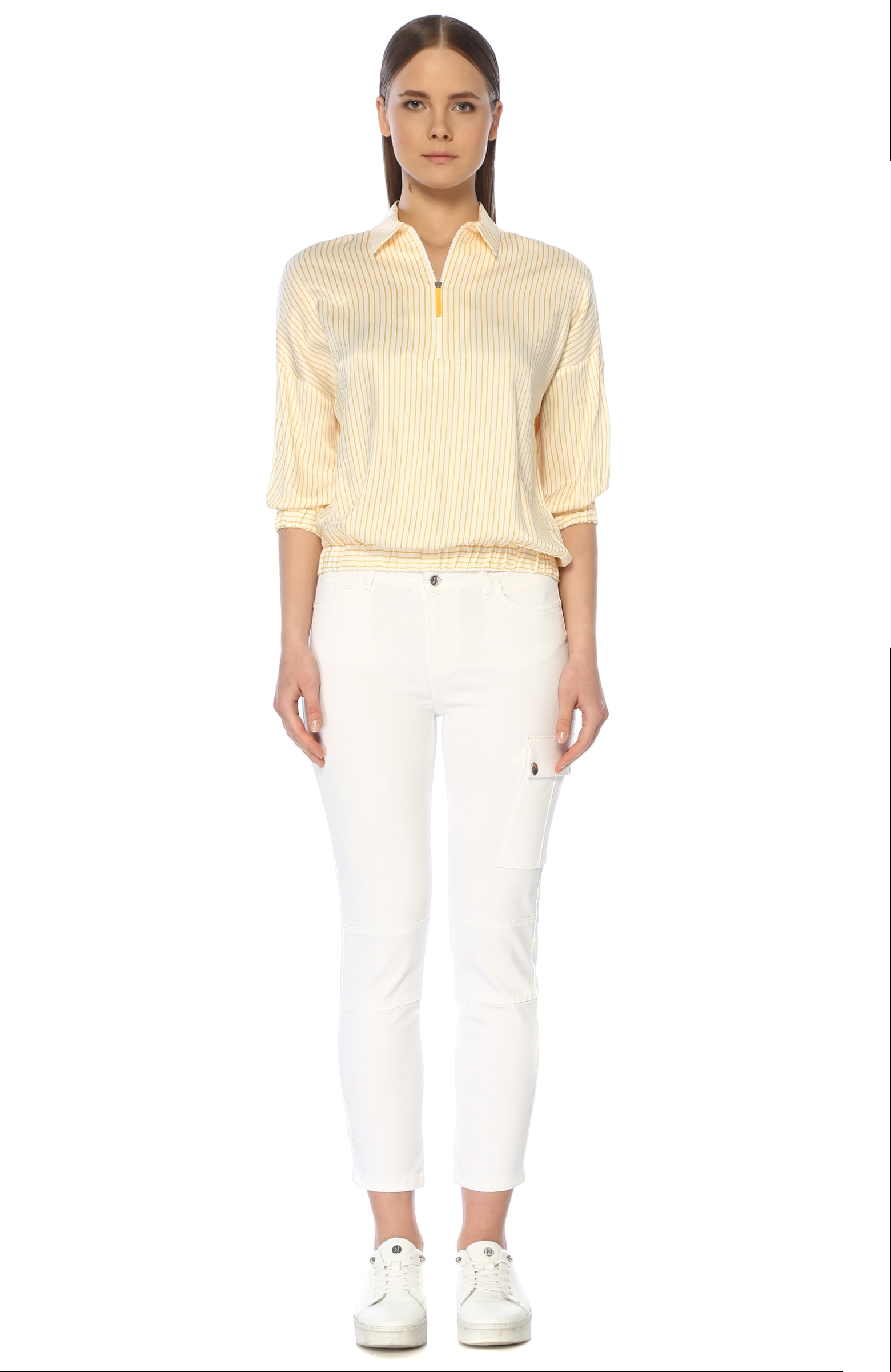 Sarı Beyaz Gömlek Yaka Çizgili Bluz