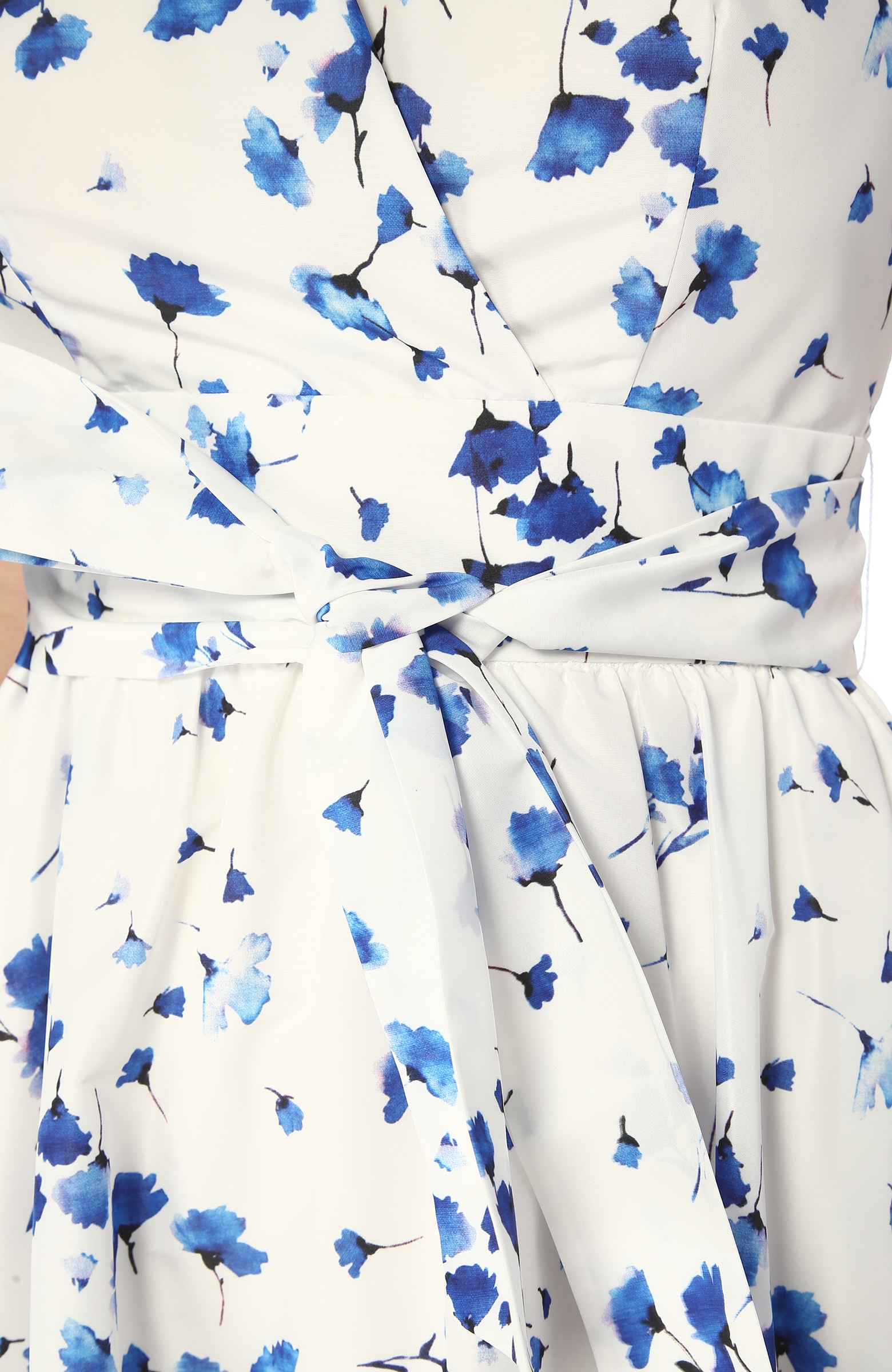 Ekru Mavi V Yaka Çiçekli Midi Anvelop Elbise