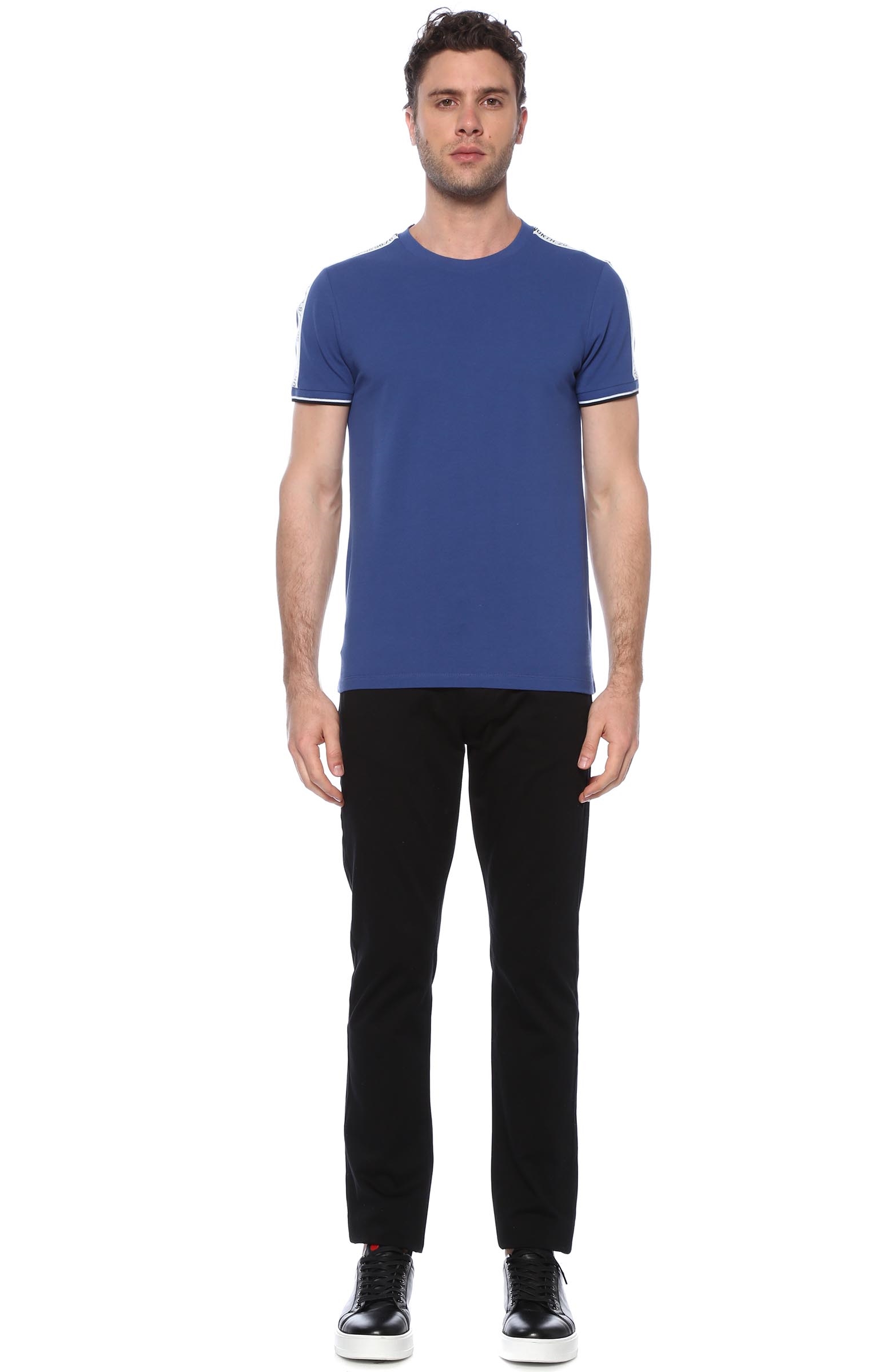Slim Fit Mavi Omuzu Şerit Detaylı Basic T-shirt