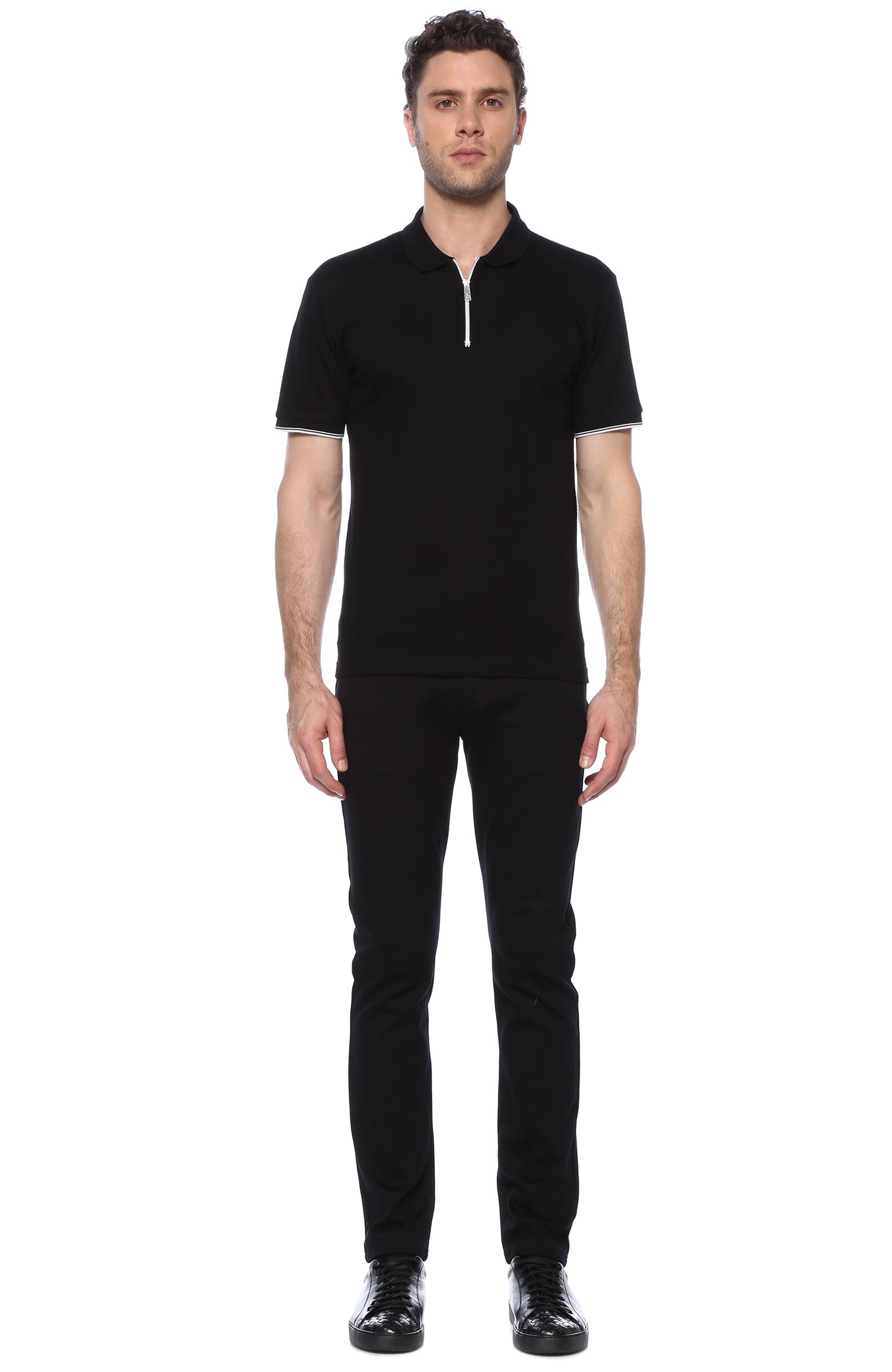 Slim Fit Siyah Polo Yaka Fermuarlı T-shirt