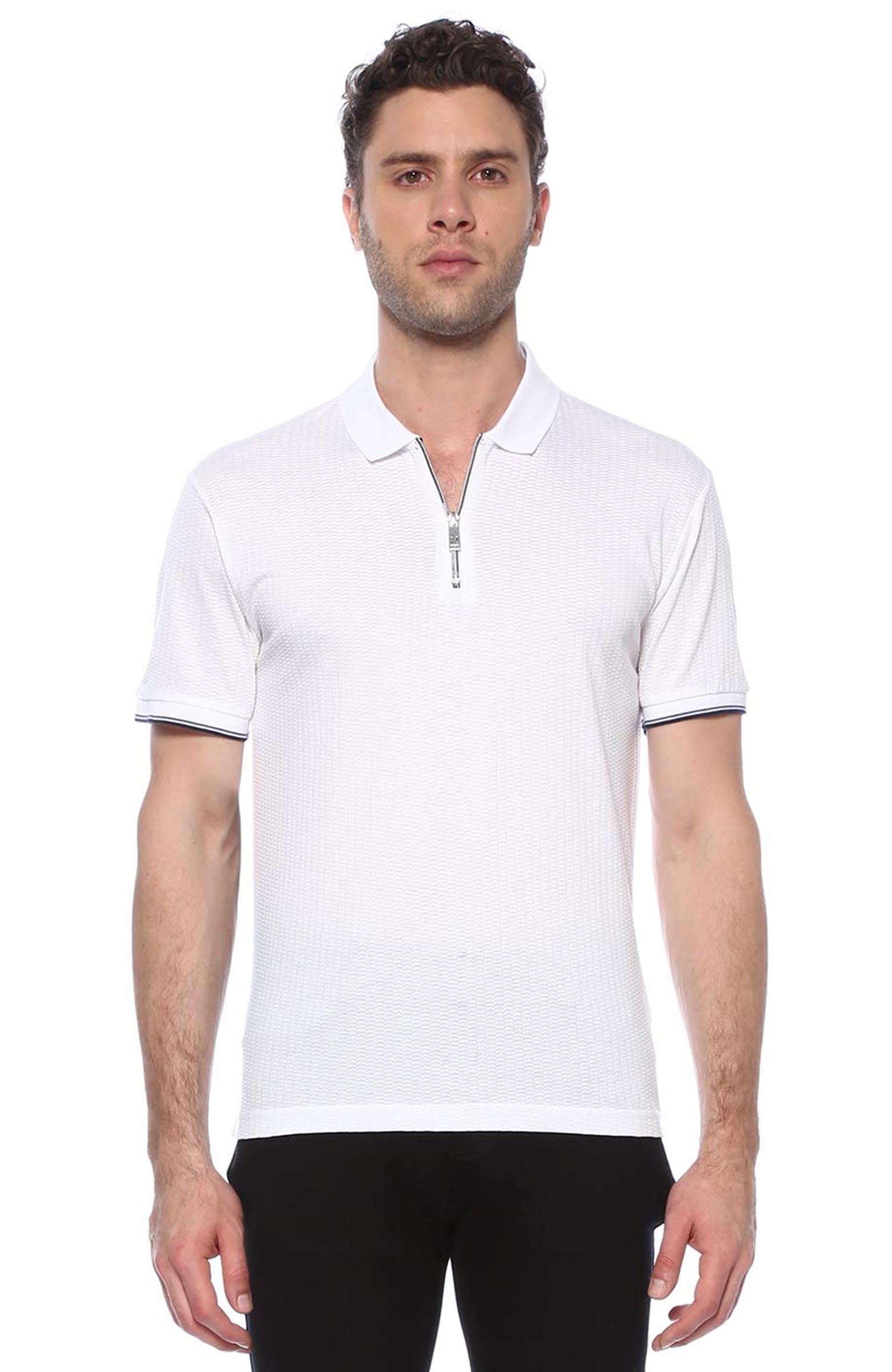 Slim Fit Beyaz Polo Yaka Fermuarlı T-shirt