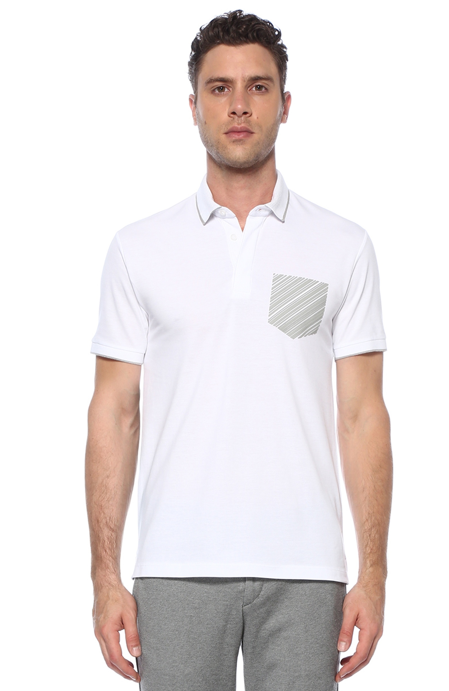 Slim Fit Beyaz Polo Yaka Baskılı T-shirt