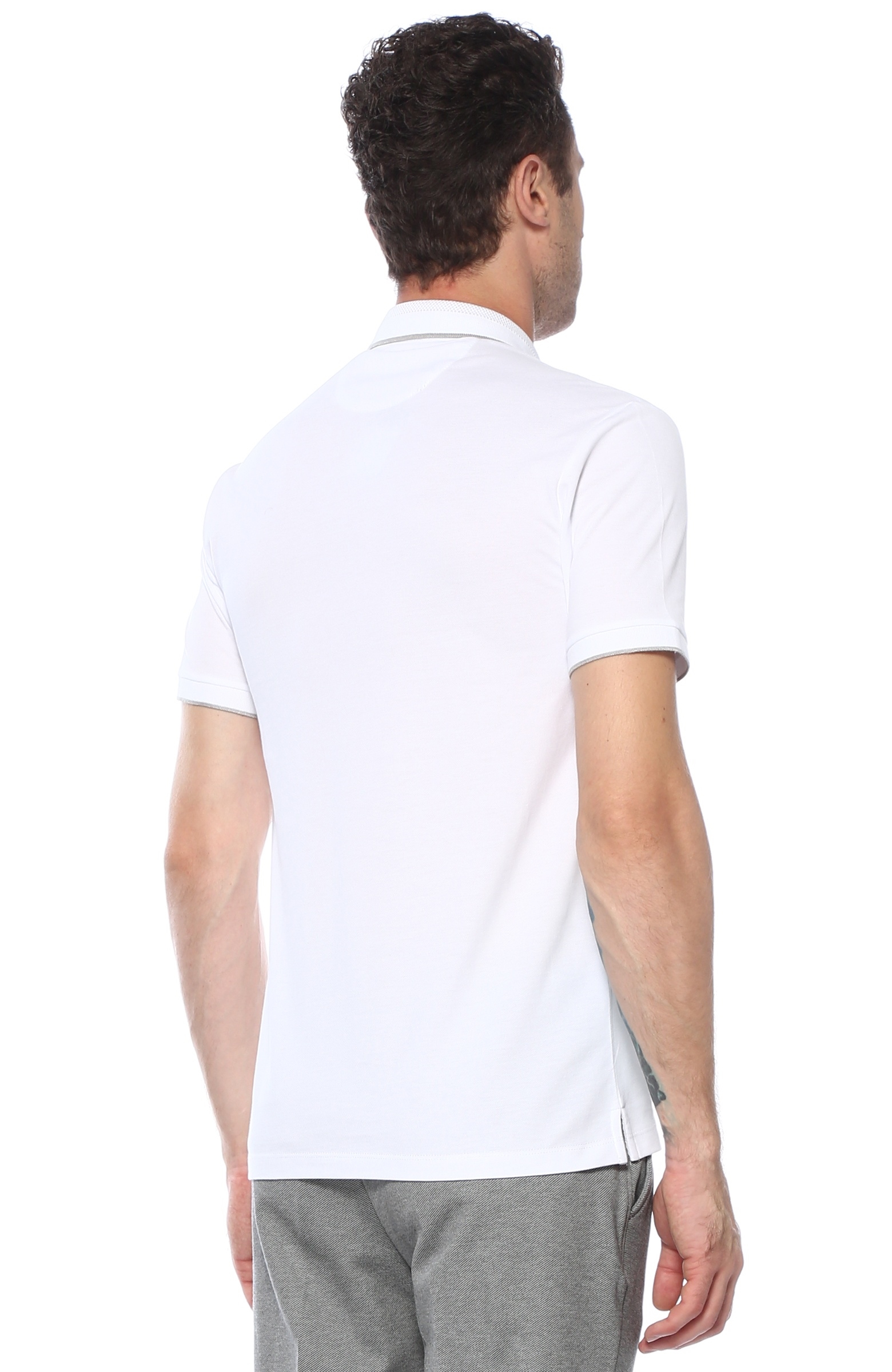 Slim Fit Beyaz Polo Yaka Baskılı T-shirt