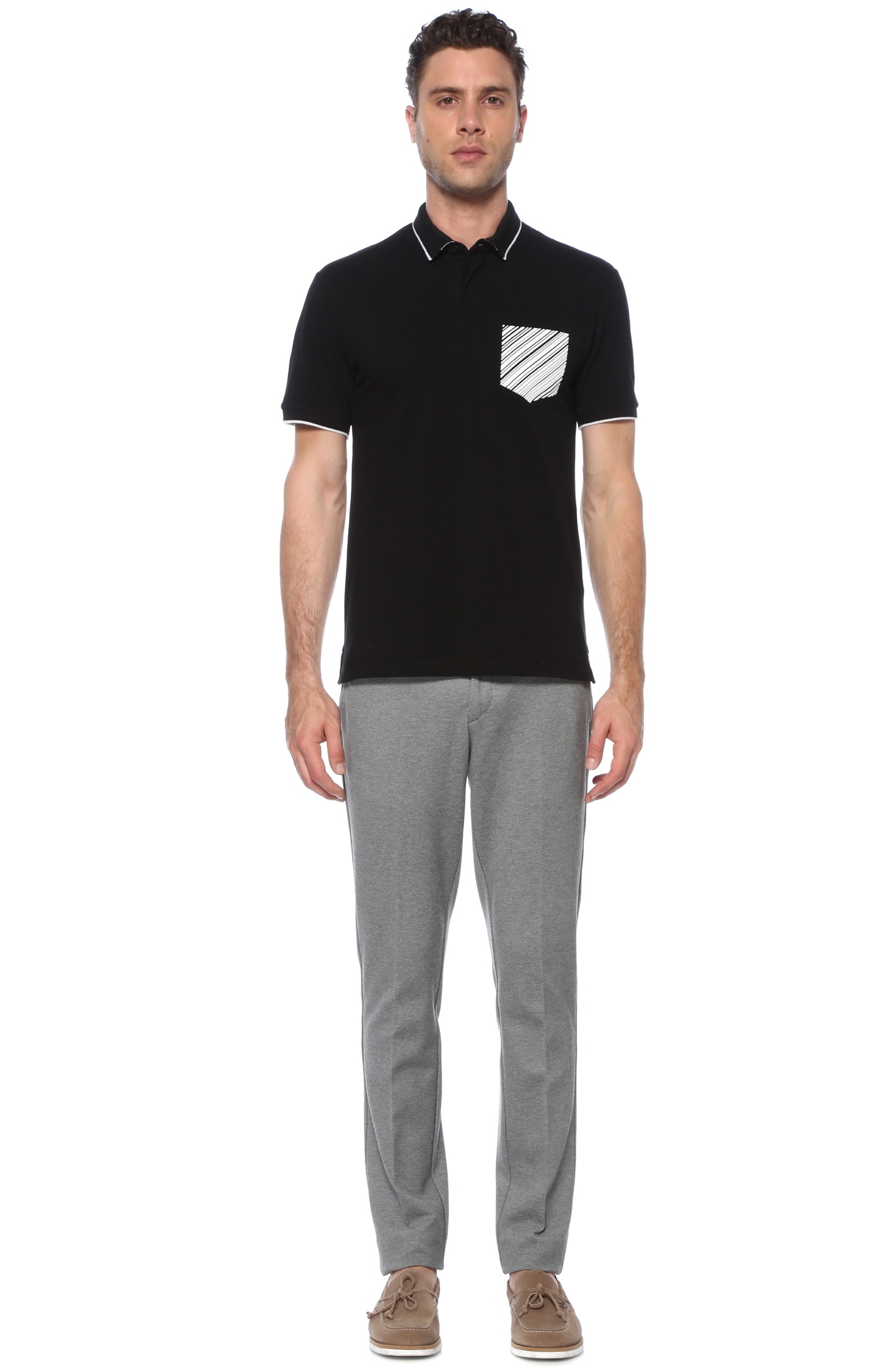 Slim Fit Siyah Polo Yaka Baskılı T-shirt