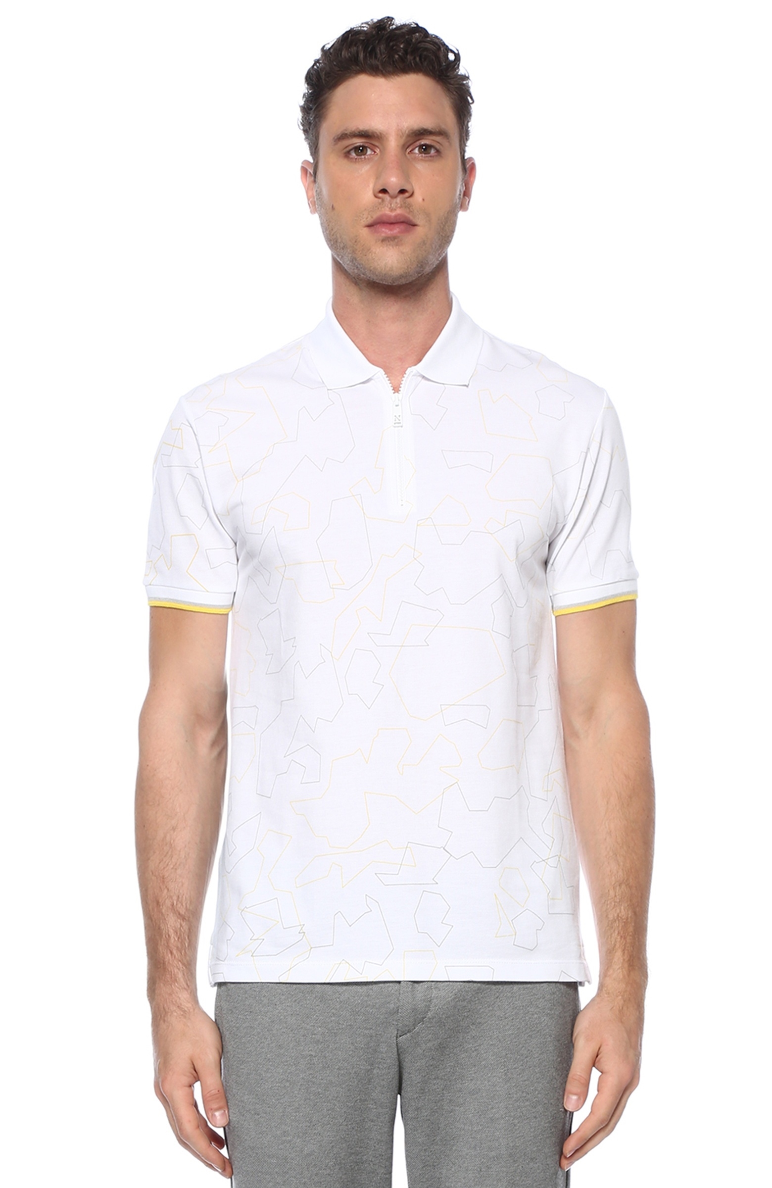 Slim Fit Beyaz Polo Yaka Geometrik Desenli T-shirt